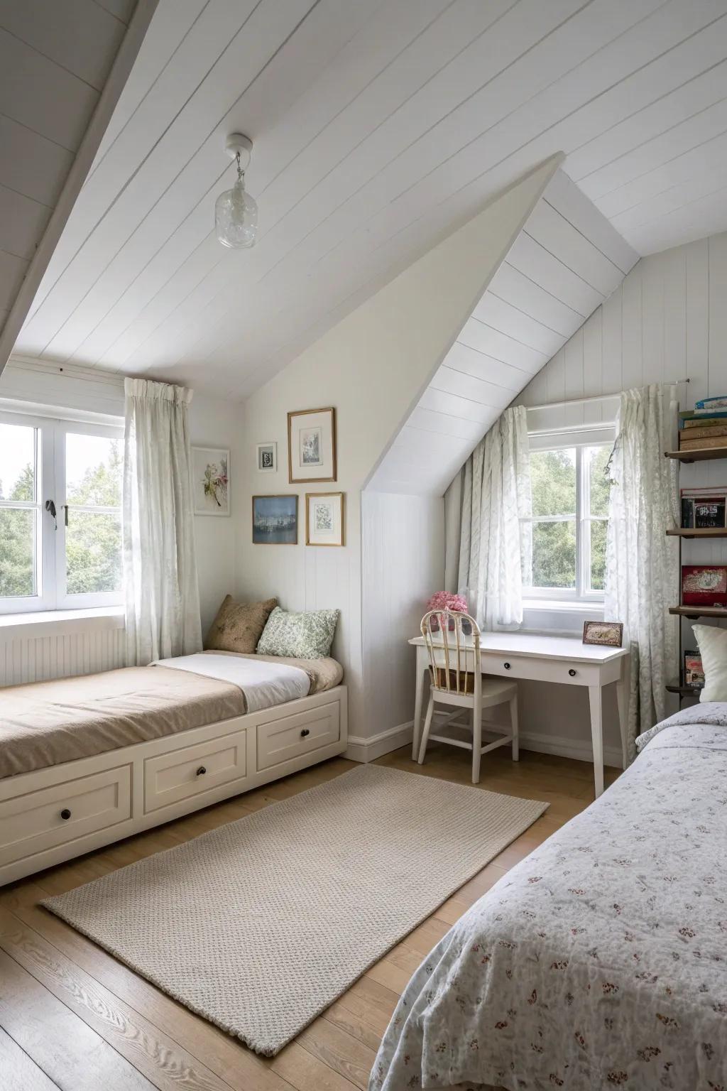 Pale colors make this attic bedroom feel spacious and serene.
