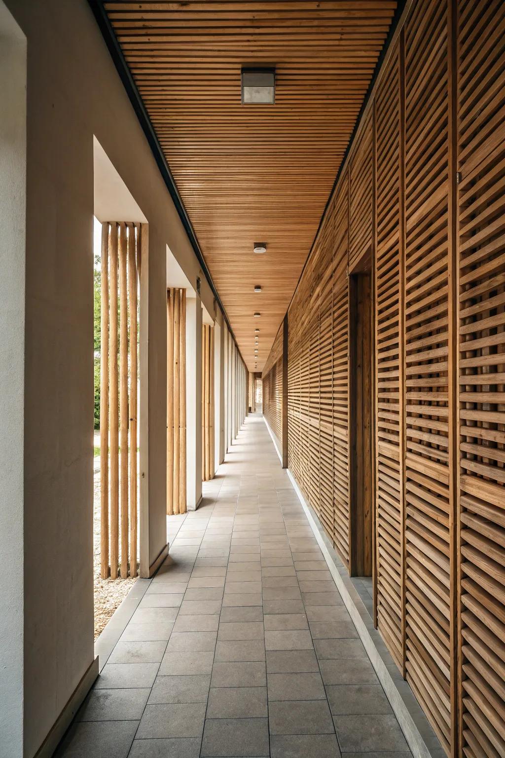A long hallway changed with wood-look plank panels for added depth.