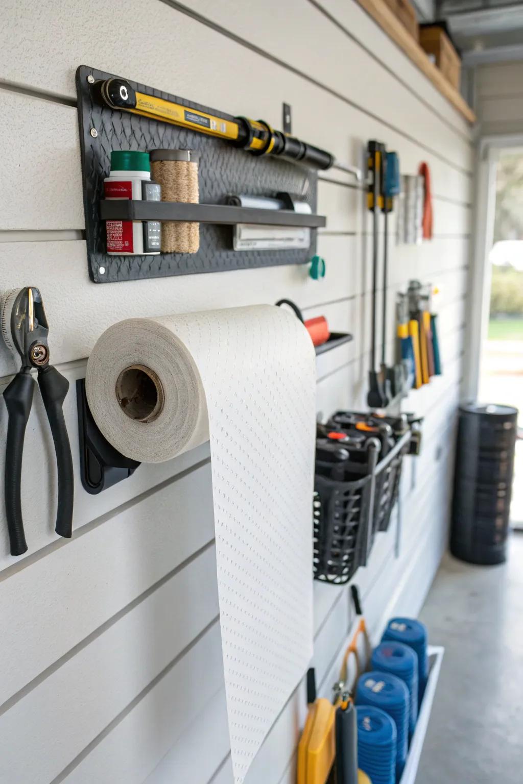 Having a paper towel holder on a slatwall makes quick clean-ups easier.
