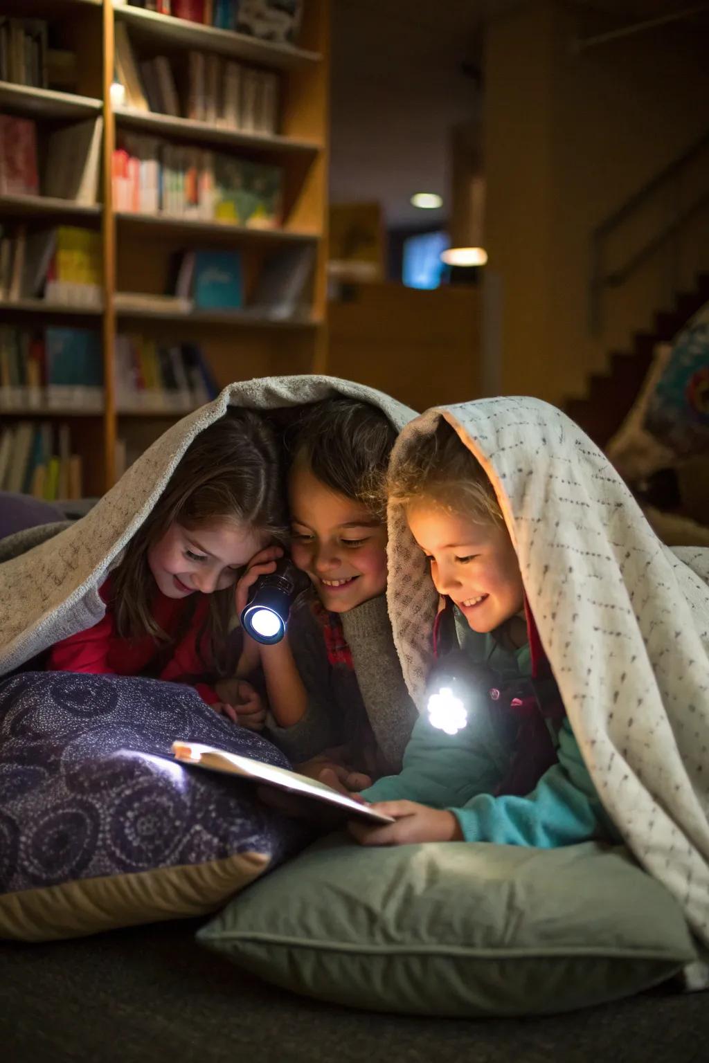 Storytime under the soft glow of flashlights adds a cozy and intimate touch.