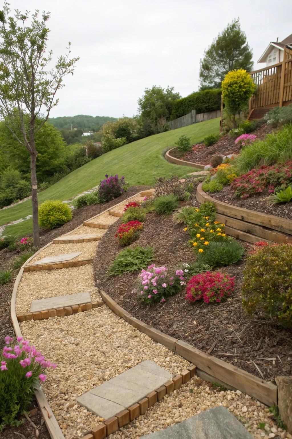 Ornamental ground cover and crushed rock infuse texture into this landscaped slope.