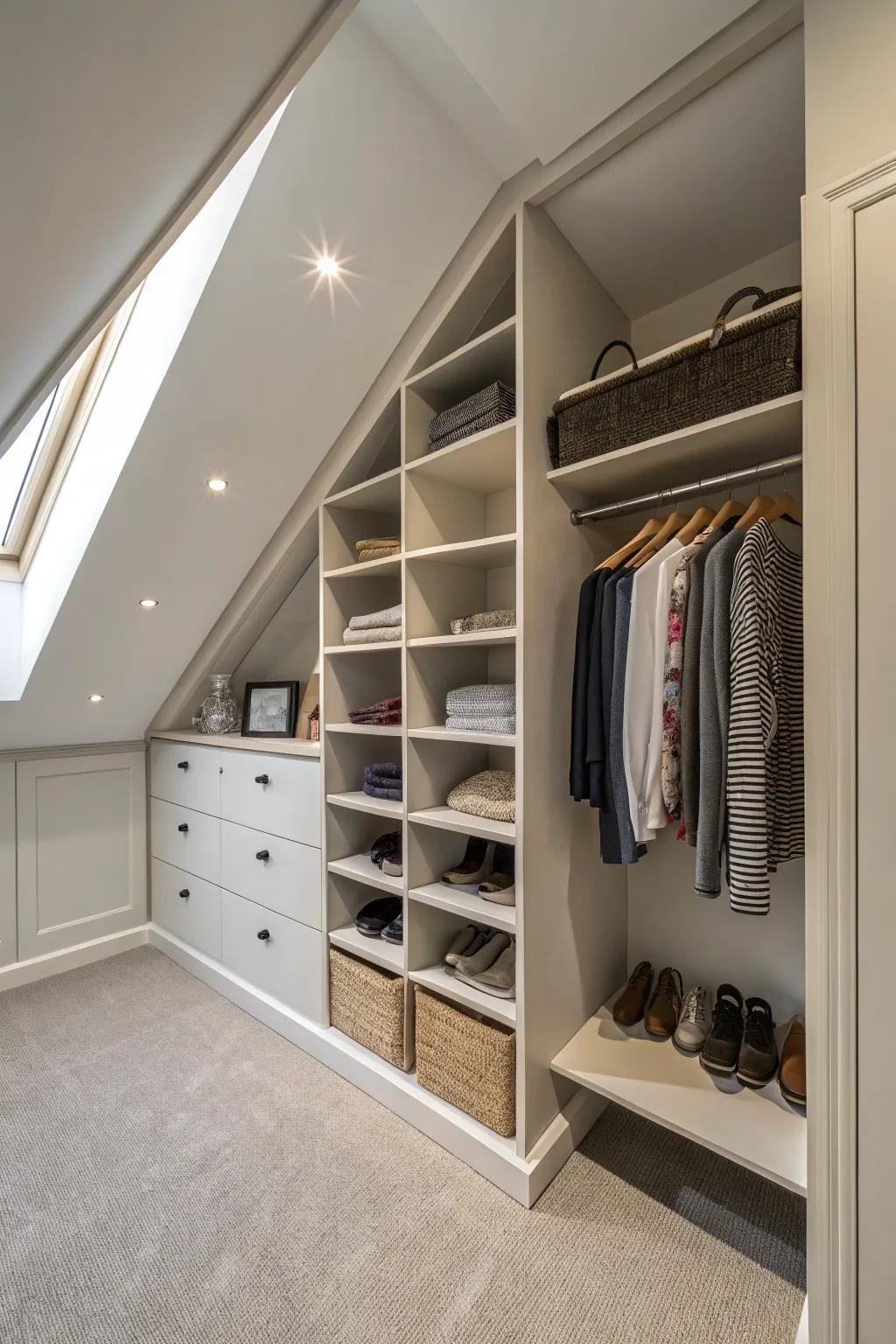 Stepped shelves transform tricky angles into valuable storage.