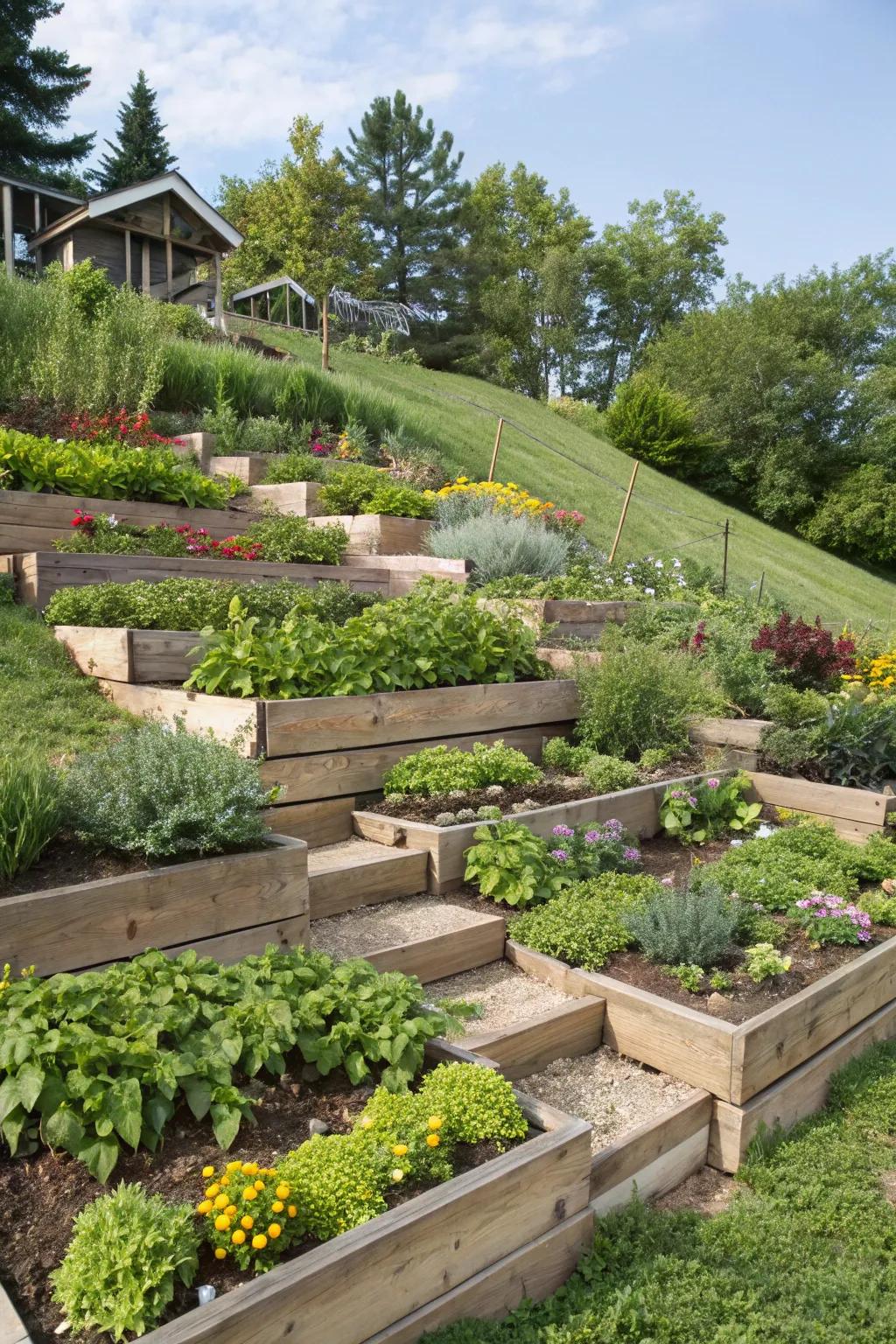 Elevated growing spaces create visual appeal and enhanced depth.