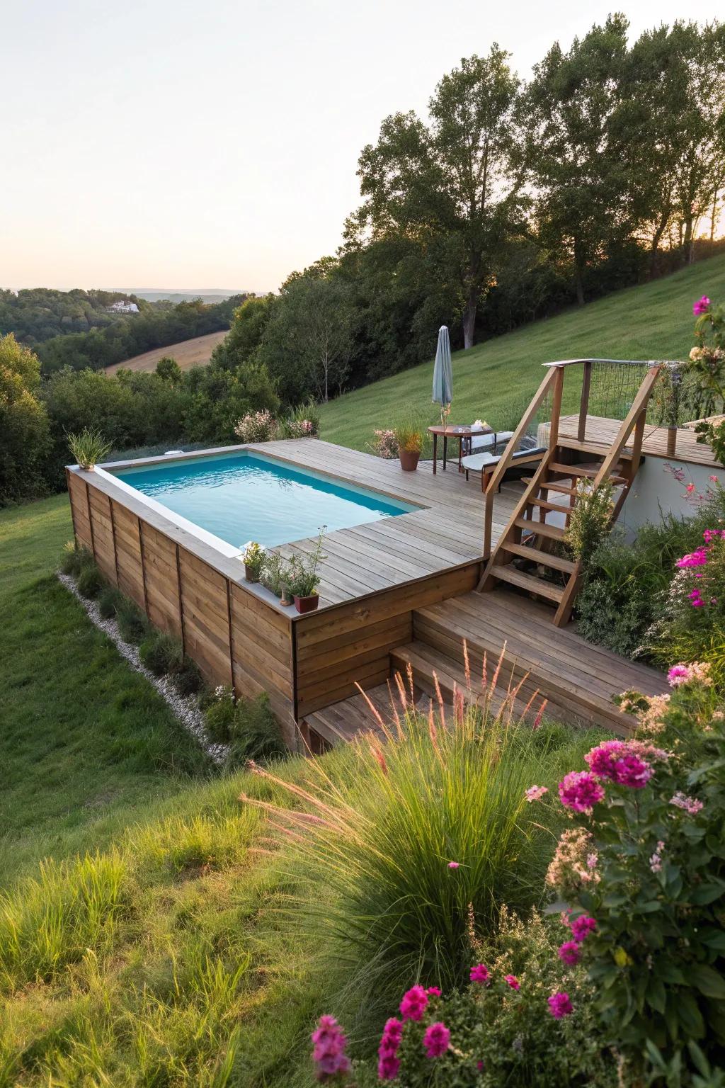 An elevated above-ground pool that optimizes a sloped yard.