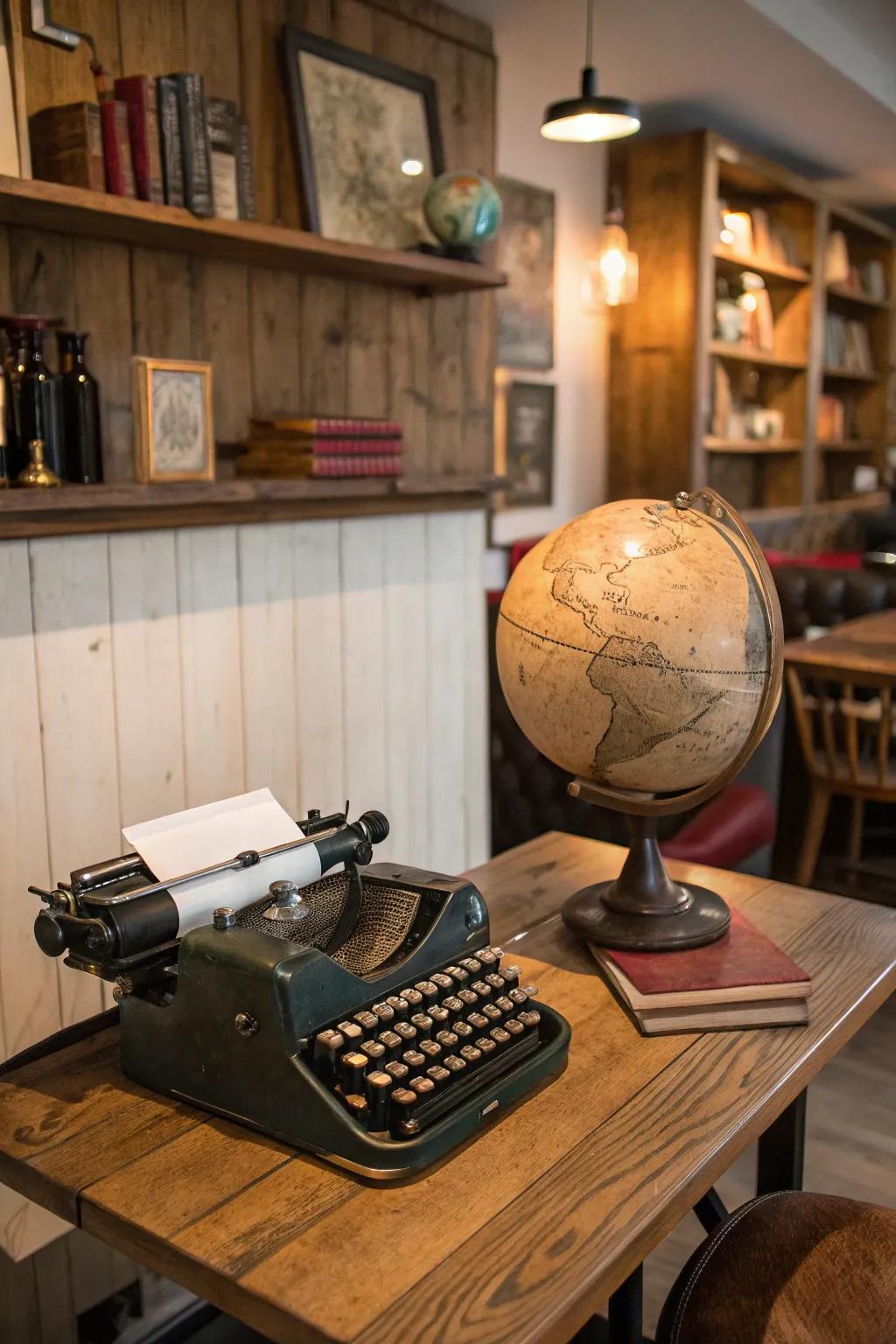 Vintage typewriter and aged globe as unique conversation starters