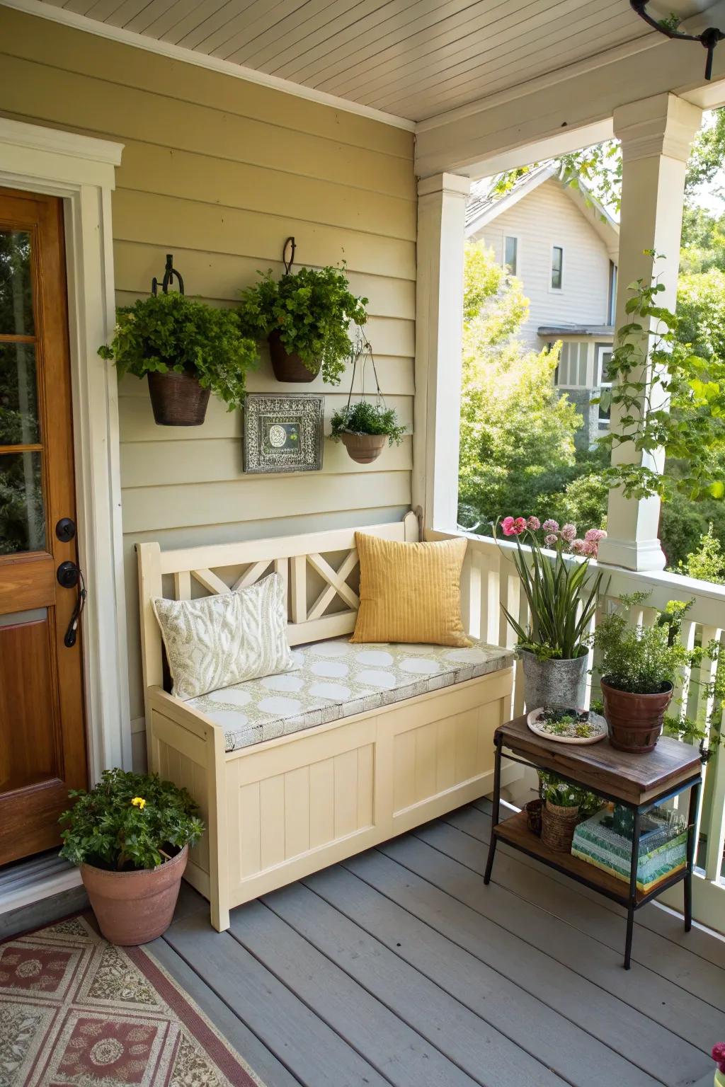 A versatile bench adds seating and storage to a small porch.