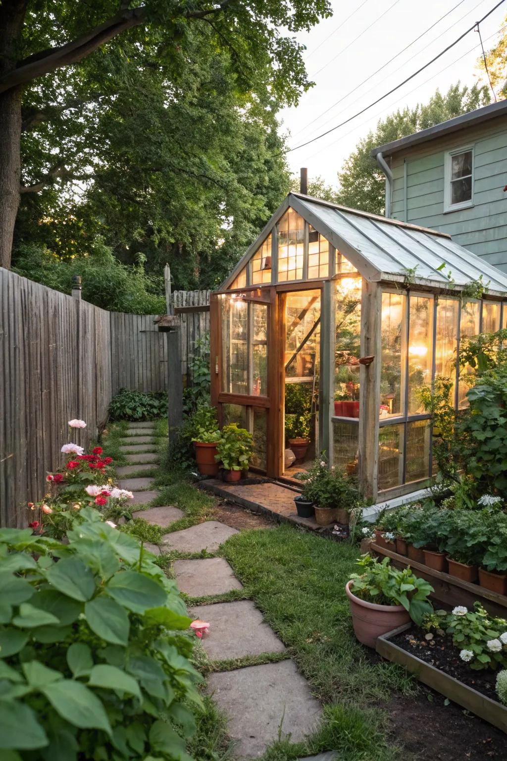 A compact greenhouse gives a blend of charm and practicality.