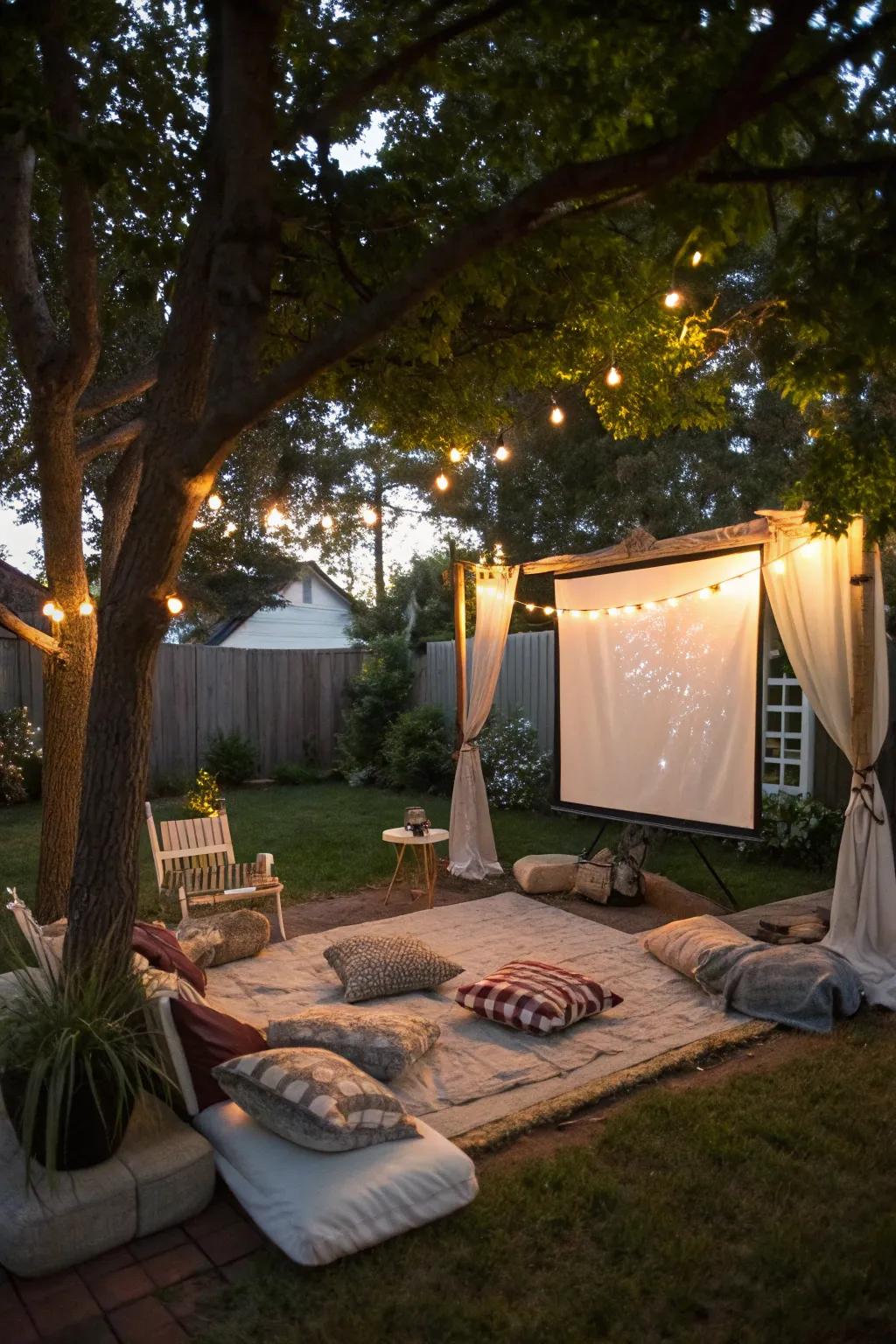 Outdoor film evening configuration in a snug backyard