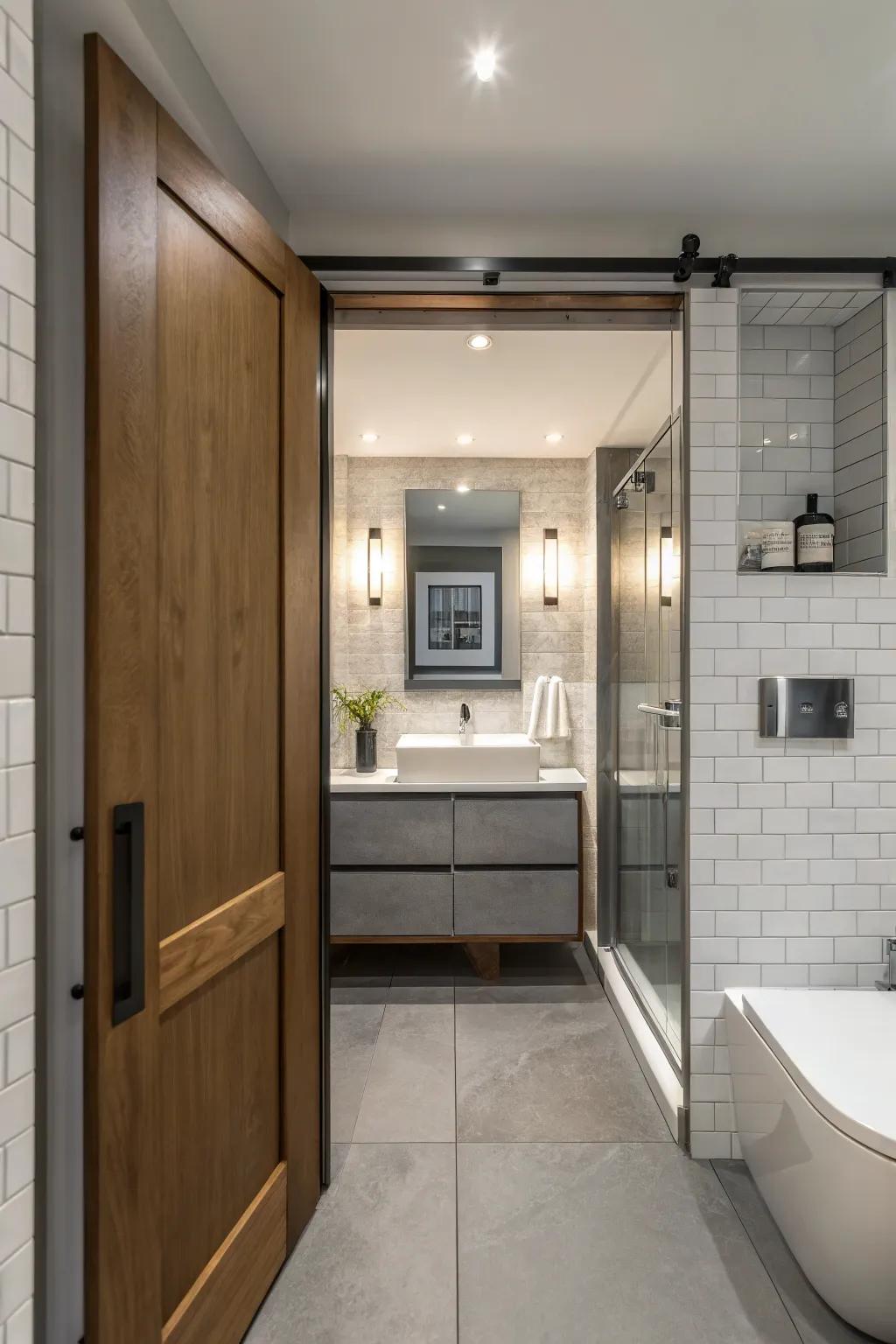 A pocket door saves space in a small bathroom.