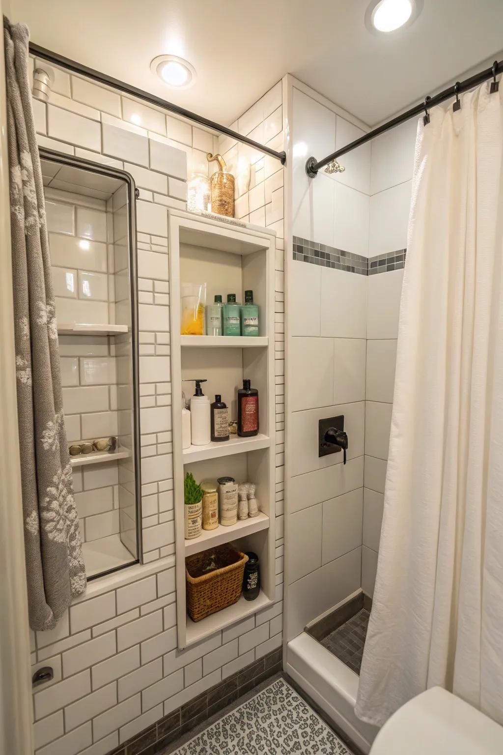 Integrated alcoves keep essentials tidy and accessible.
