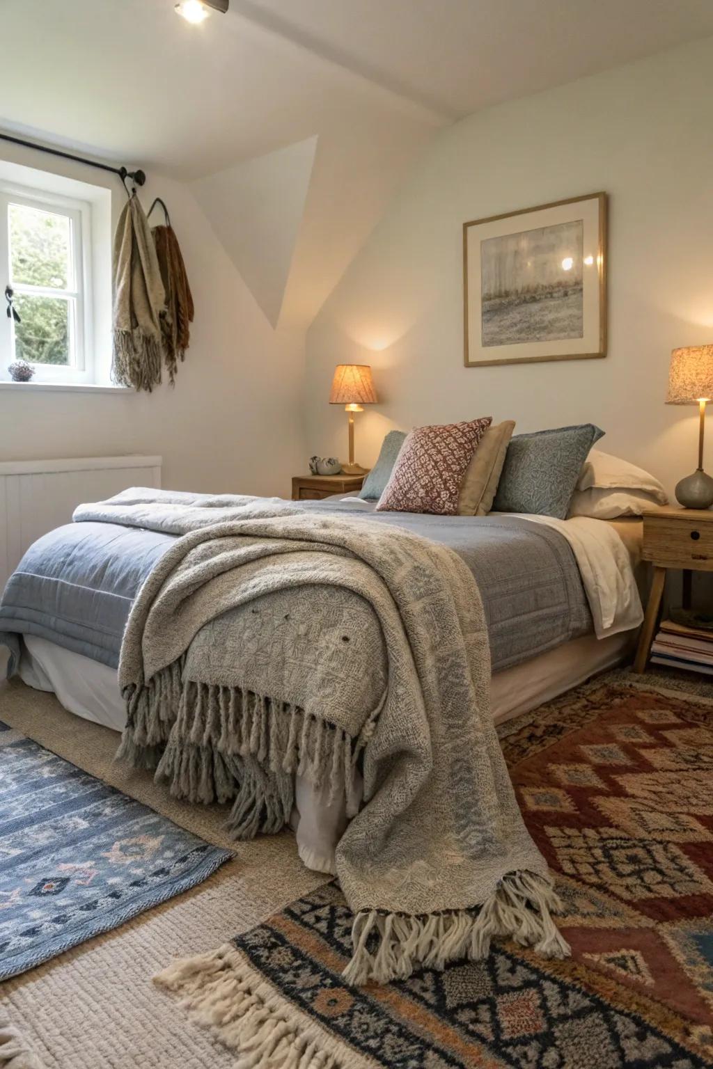 A small bedroom decorated with layered fabrics and rugs for a warm feel.