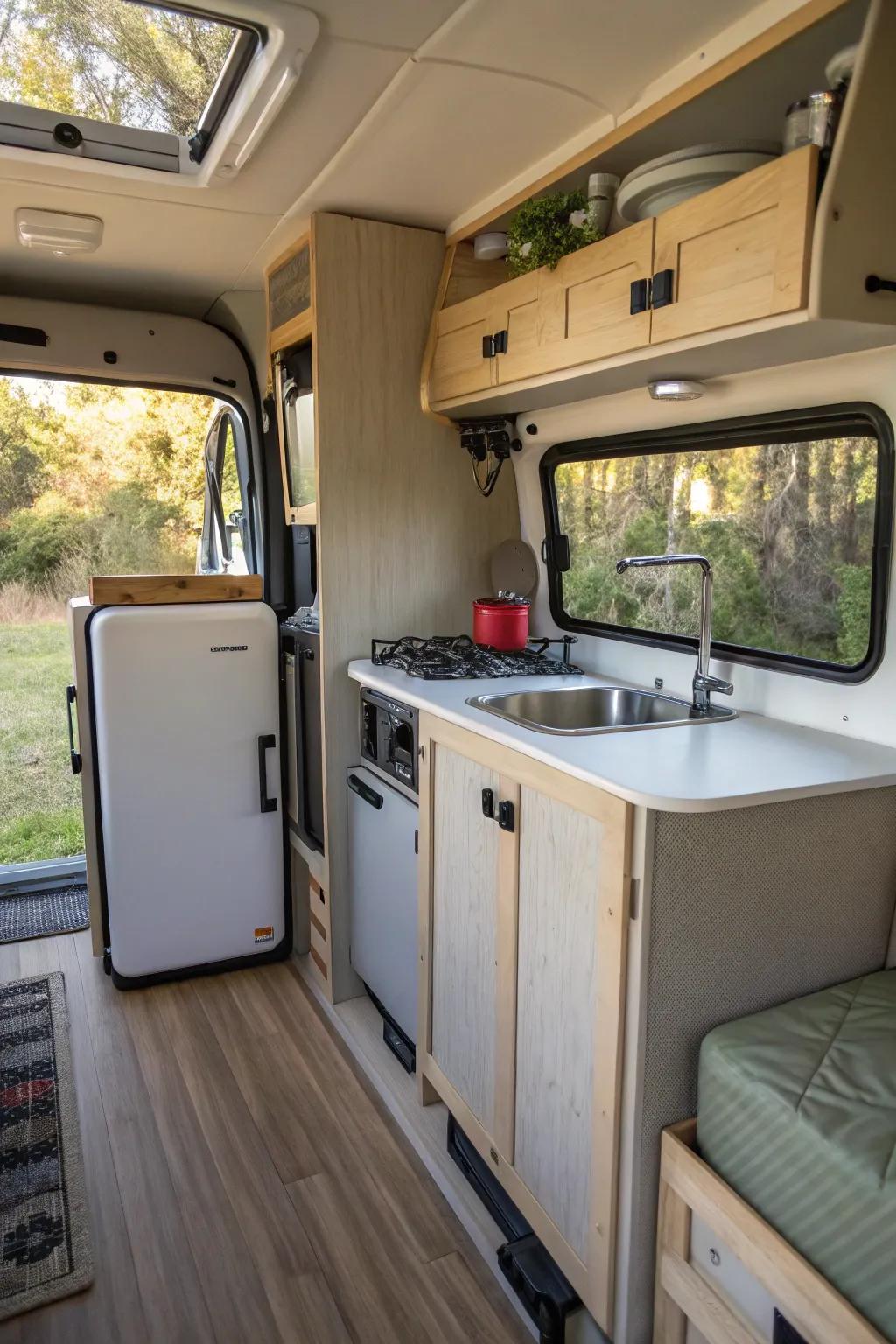 A compact kitchen in a camper with all essentials neatly arranged.