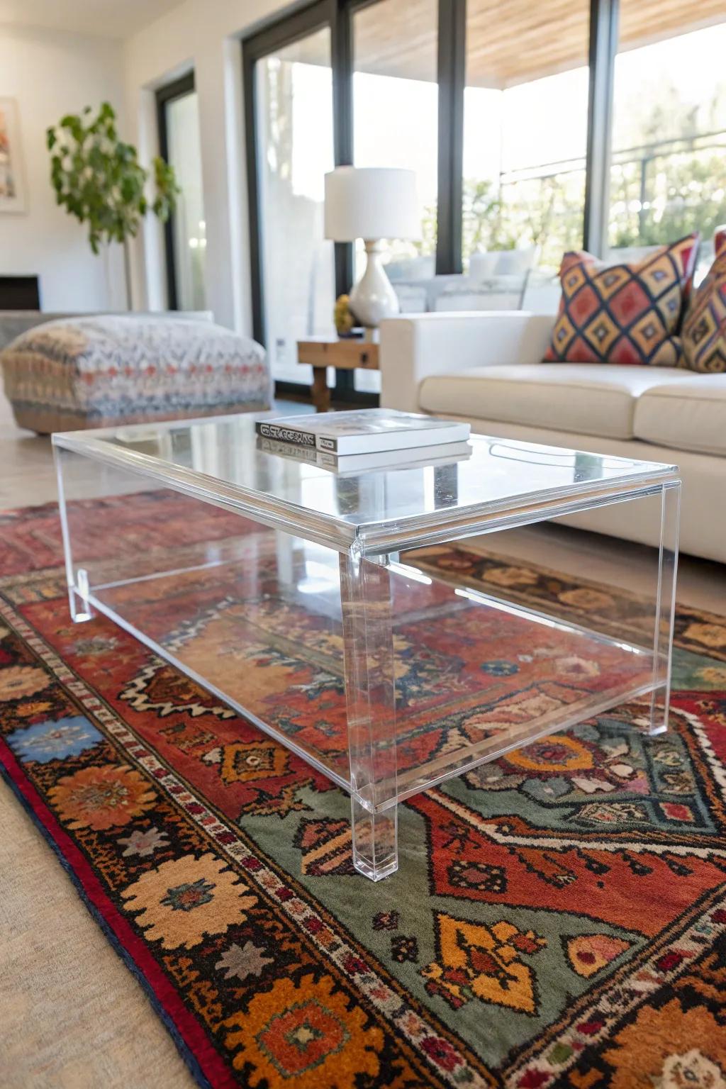 Acrylic tables offer a nearly invisible elegance, suitable for smaller areas.