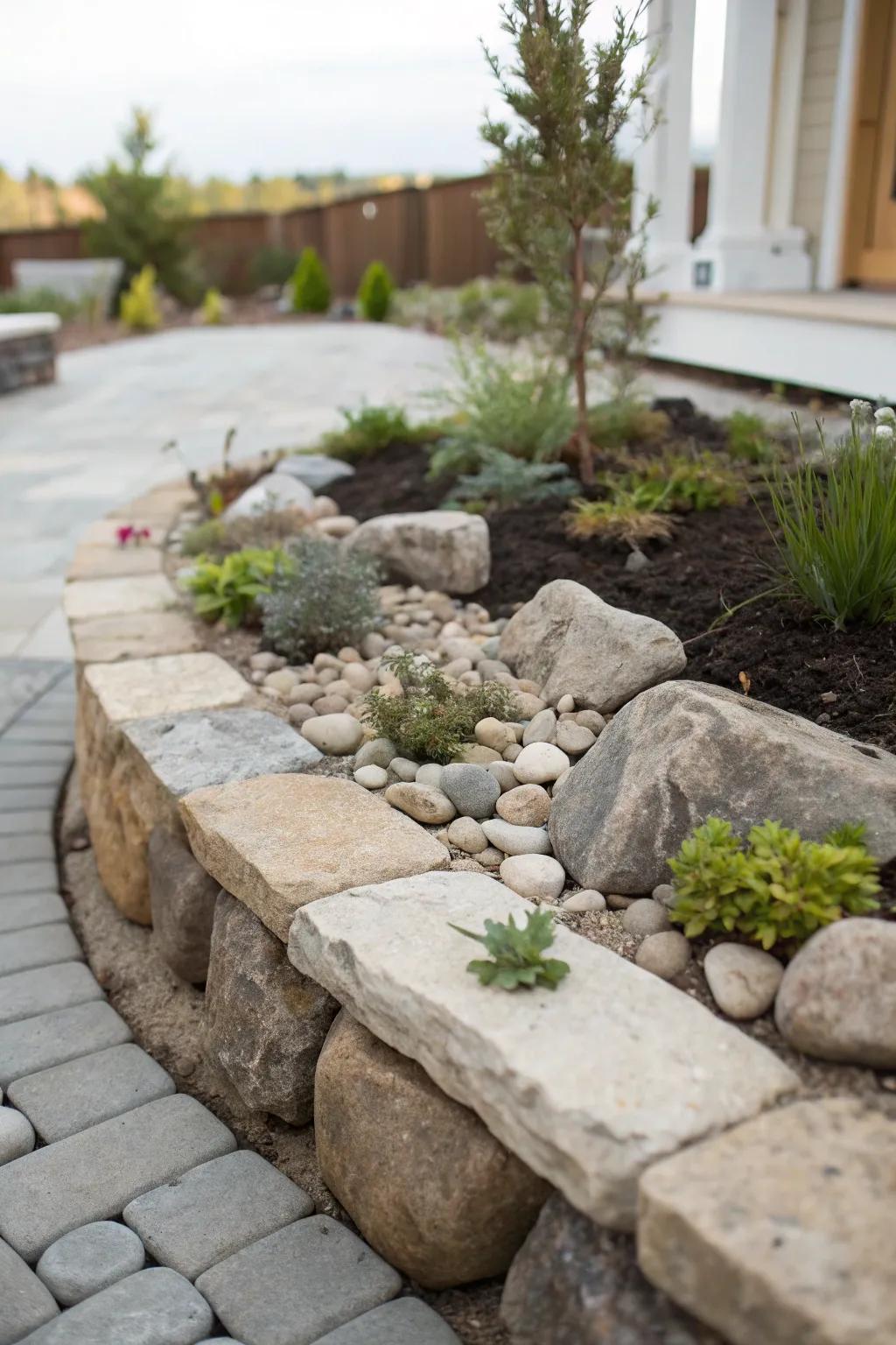 This corner stone garden is outlined with elegant stone edging.