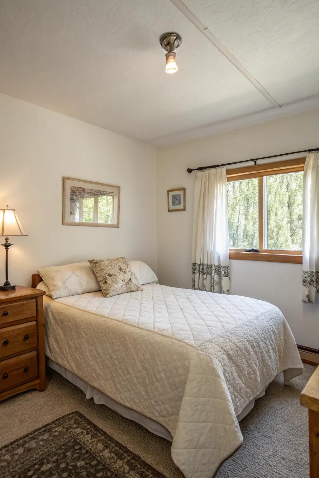 A minimalist design approach allows this cottage bedroom to feel spacious and calm.