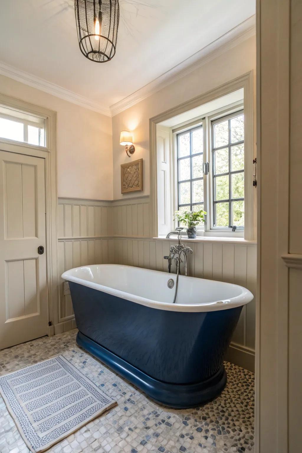 The dark blue bathing tub stands as an elegant focal point in this light-filled bathroom.