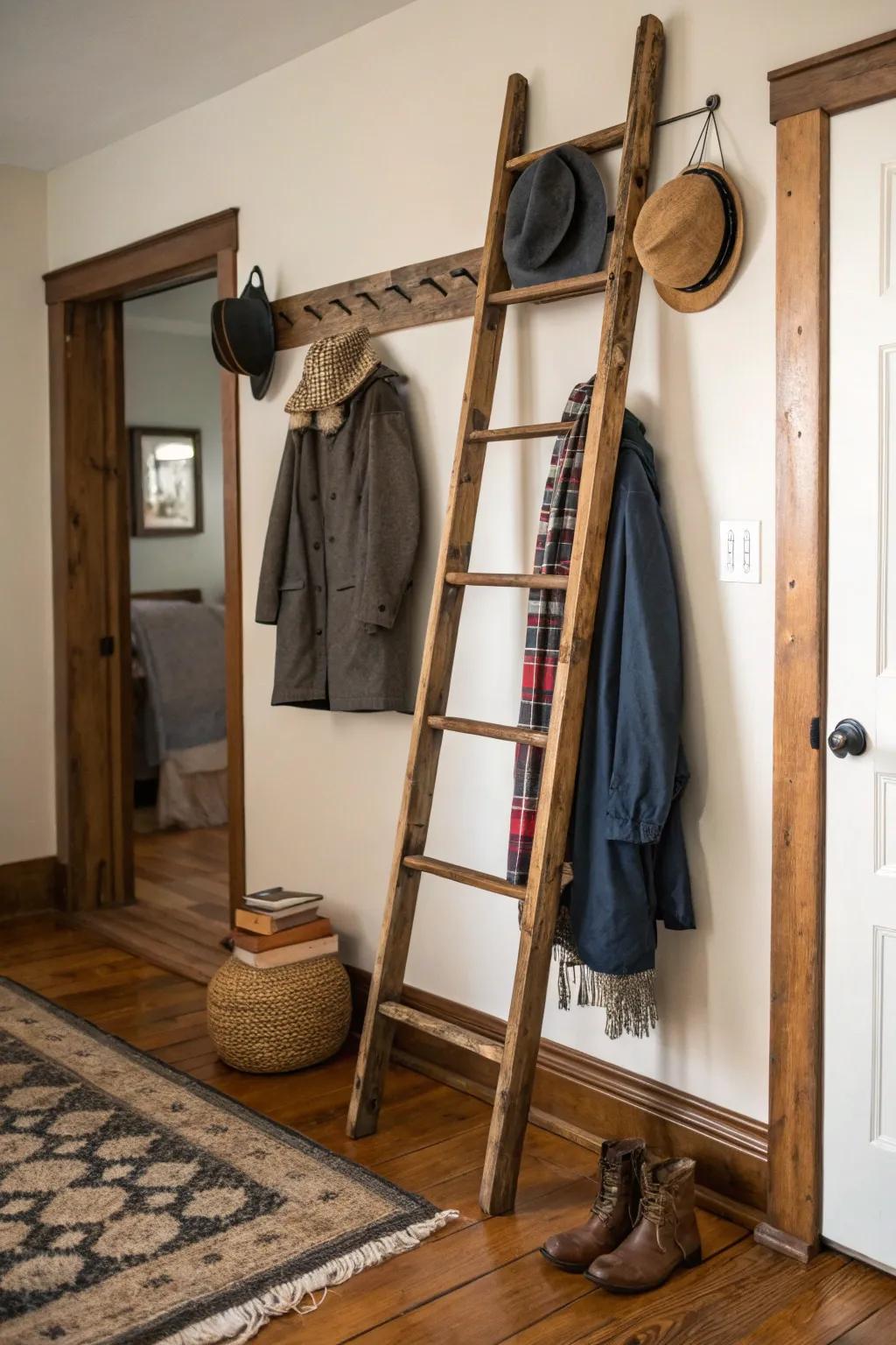 A rustic ladder brings charm and practicality to small spaces.