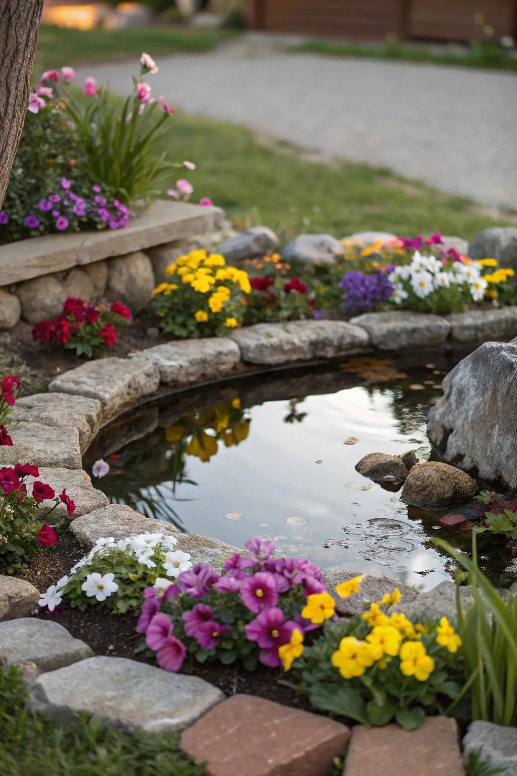 A tranquil compact flower garden showcasing a miniature pond.