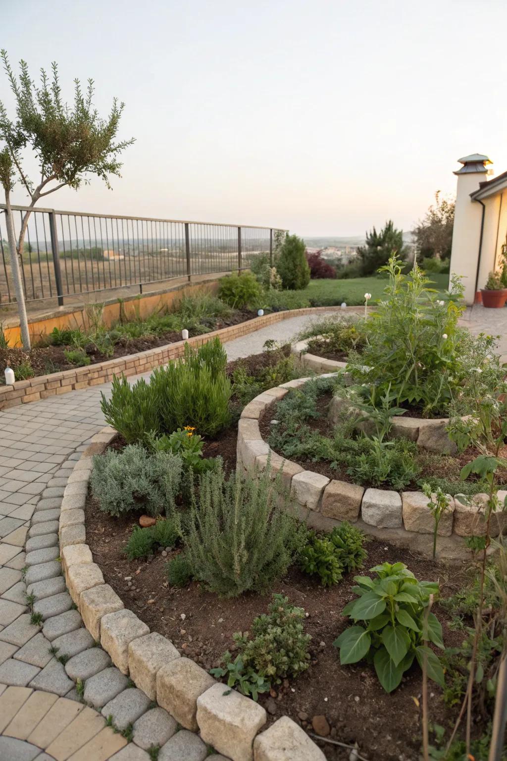 A spiral herb garden presents culinary pleasures and visual fascination.