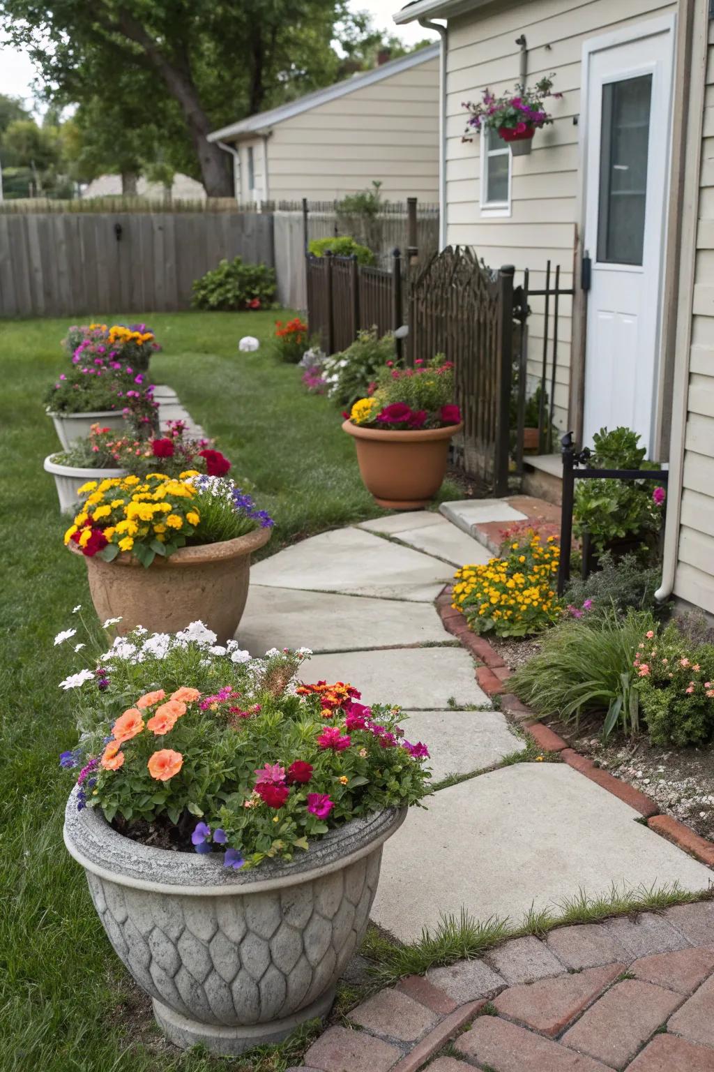 Planters contribute versatility and seasonal color to the landscape.