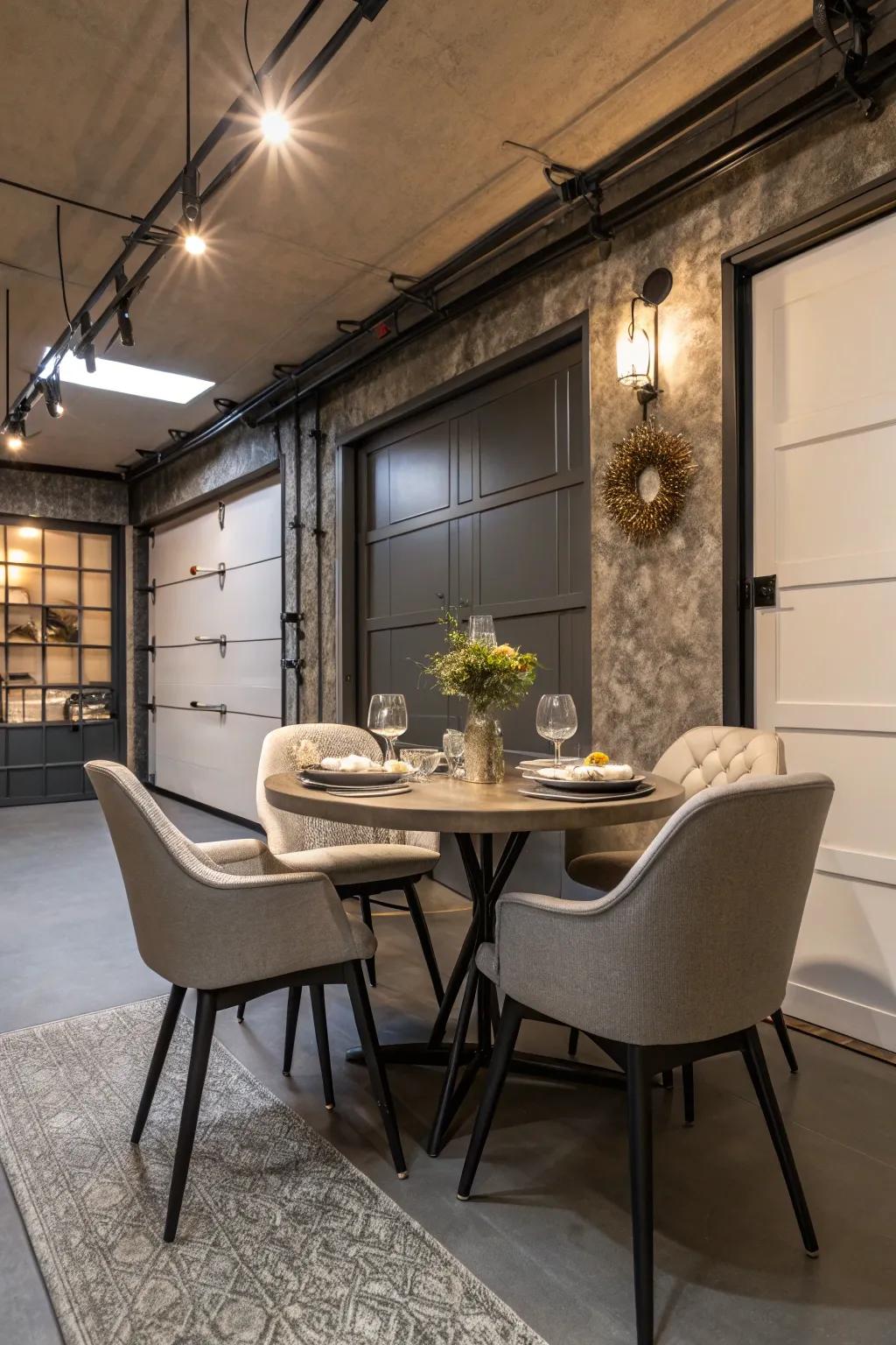 A small garage surprises as a chic dining space.