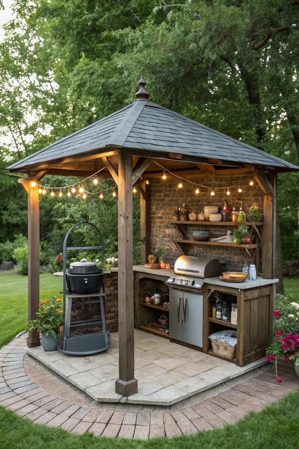 Grill and chill with a rustic gazebo setup.