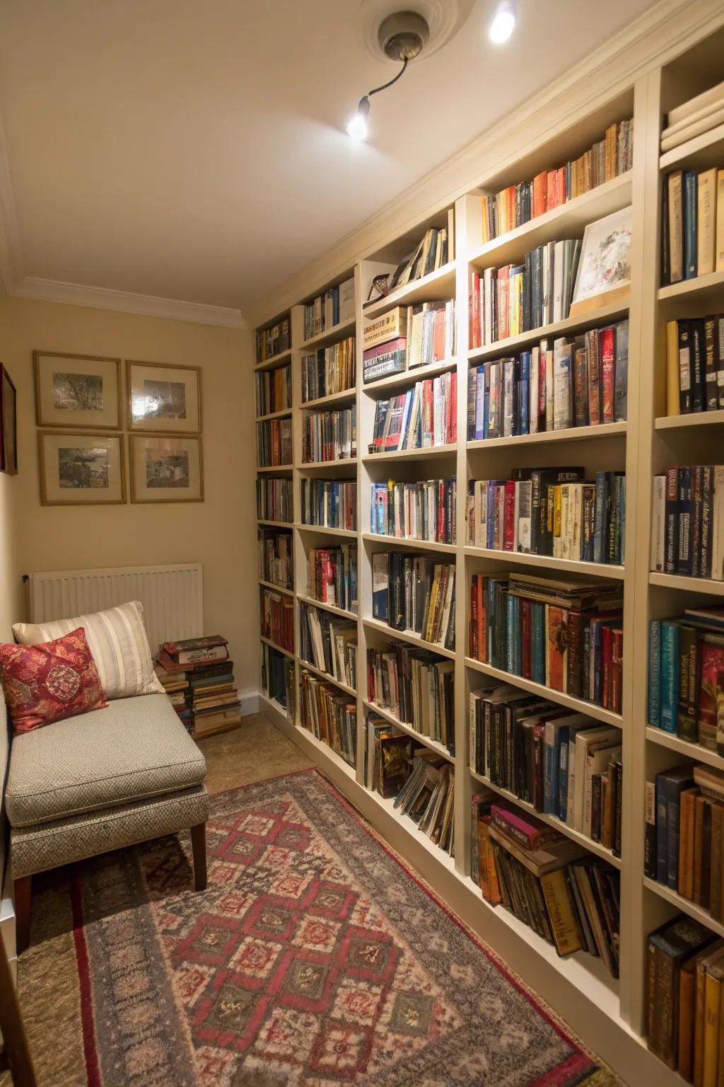 Floor-to-ceiling bookshelves establish substantial storage capacity.