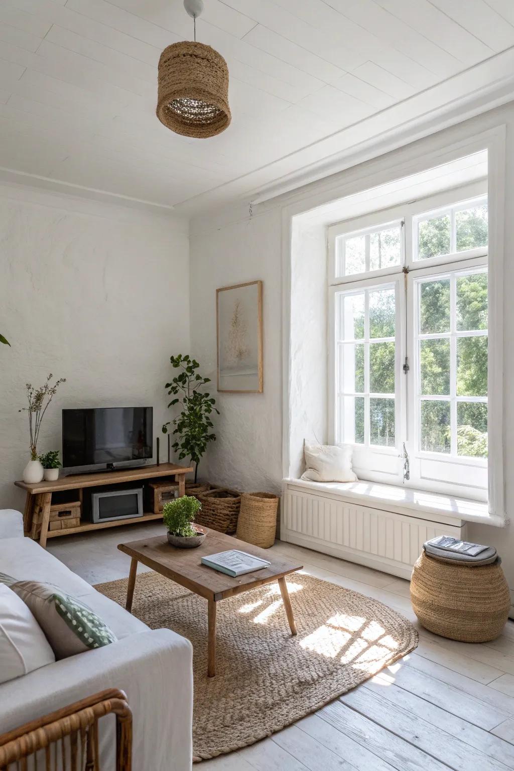 A small living room using white walls that enhance the space.