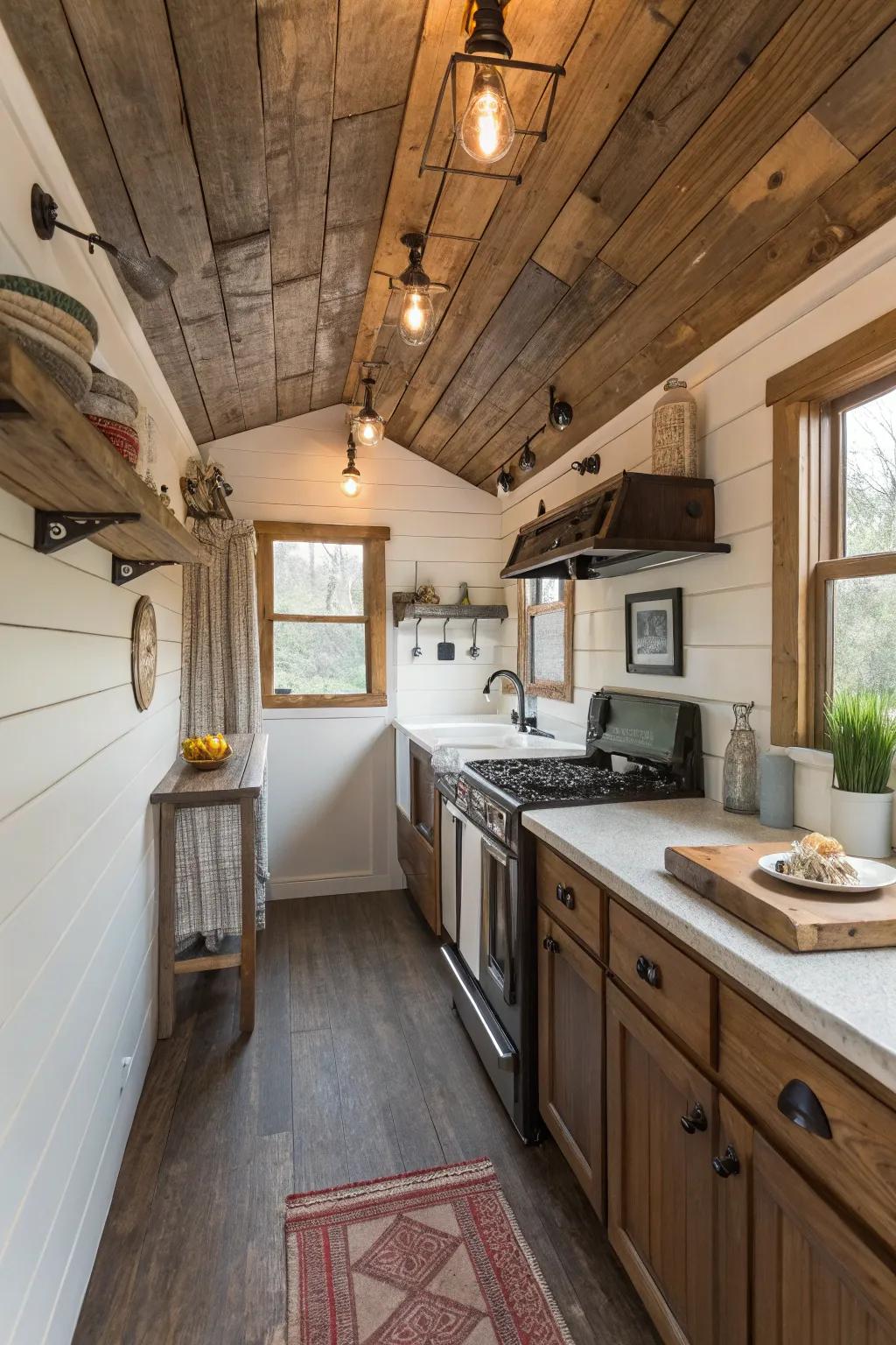 Salvaged wood details inject charm and sustainability into small kitchens.