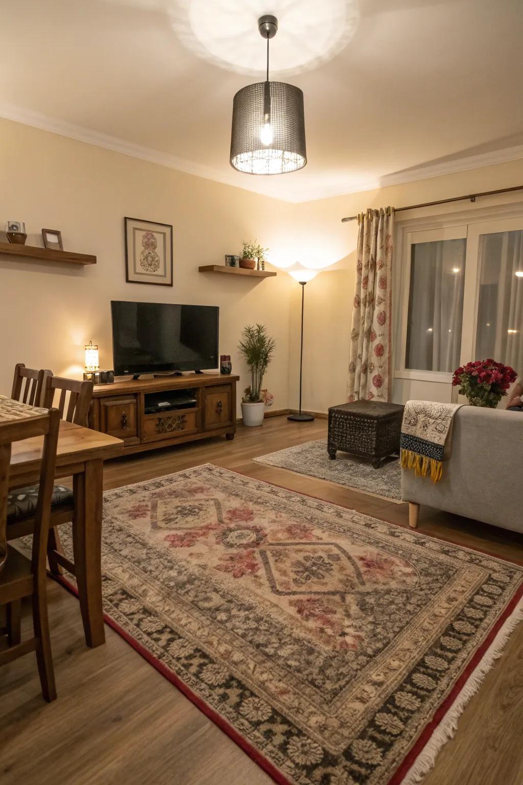 Separate functional spaces are delineated using rugs.