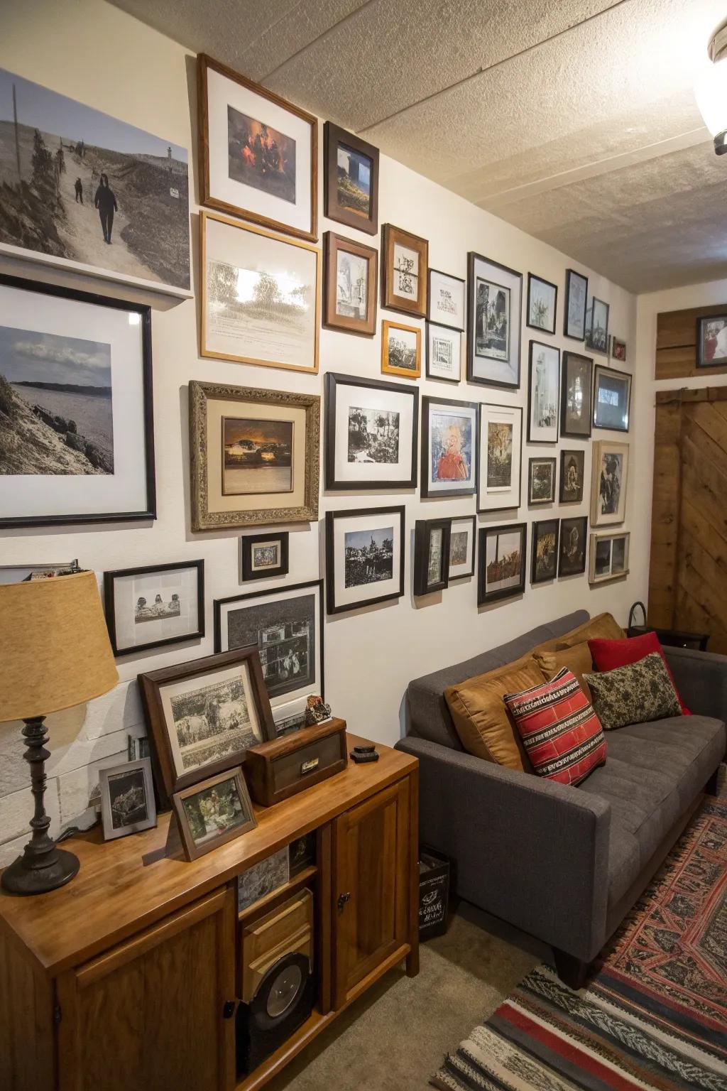 A wall filled with framed photos gives the space personality and warmth.