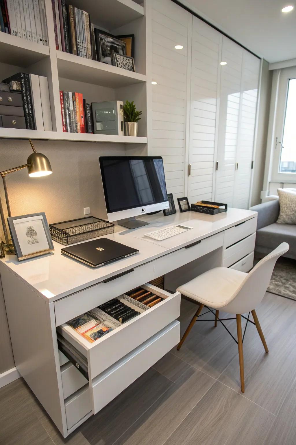 Concealed storage helps maintain a tidy and structured workspace.