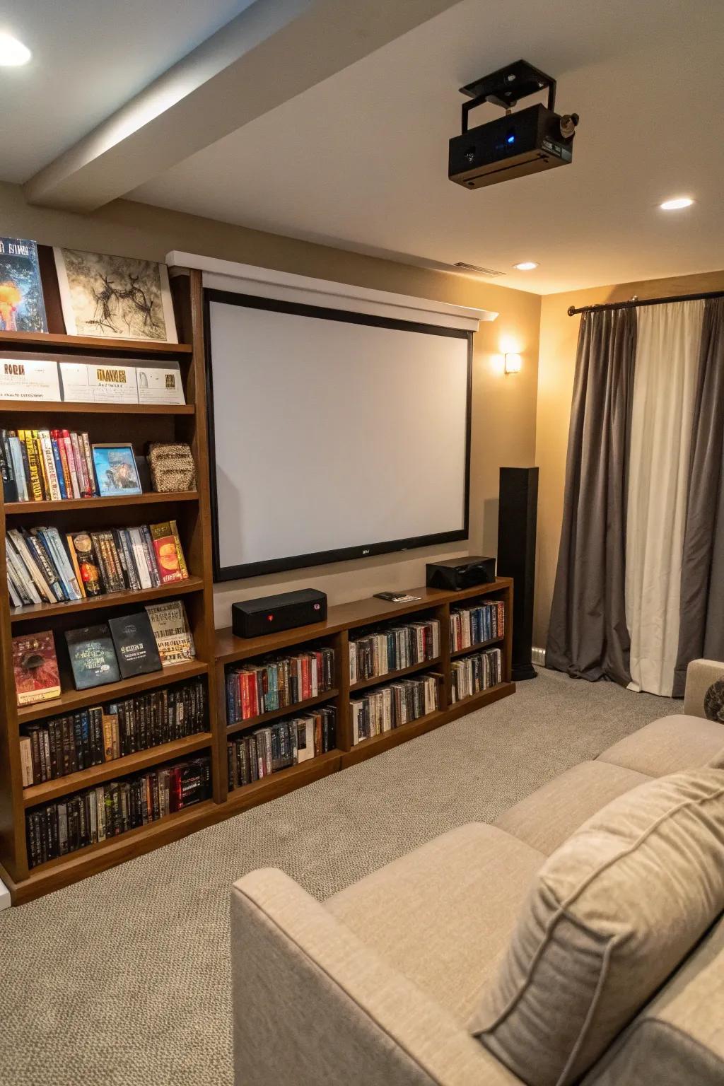 A blend of literary and cinematic elements in a bookshelf theater.
