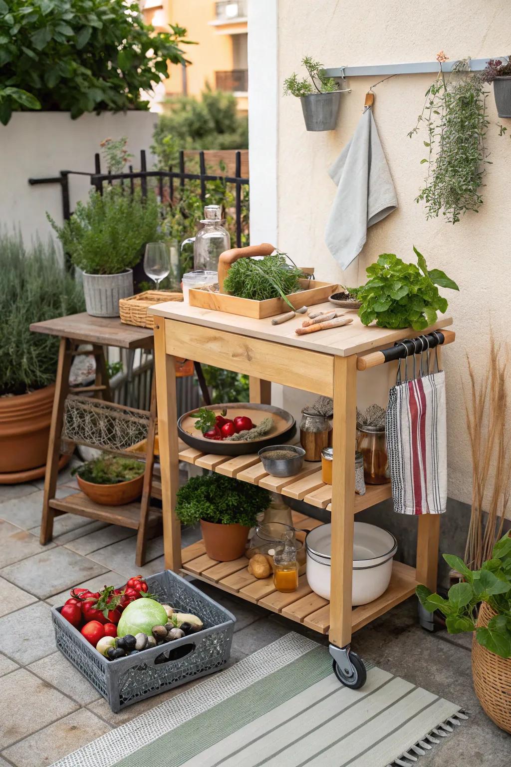 A moveable cooking cart introduces flexibility to your arrangement.