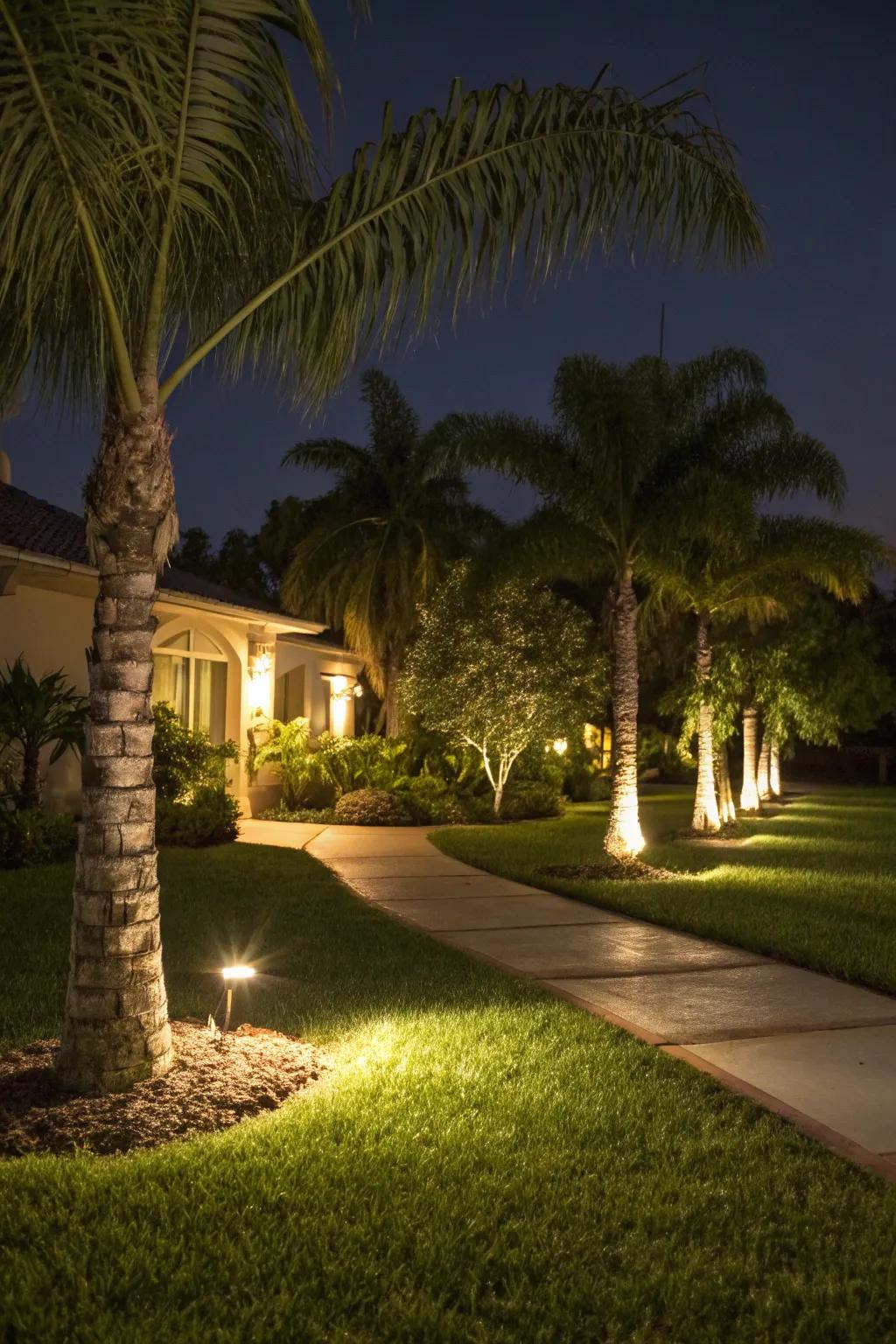 Landscape lighting turns palms into alluring nighttime features.