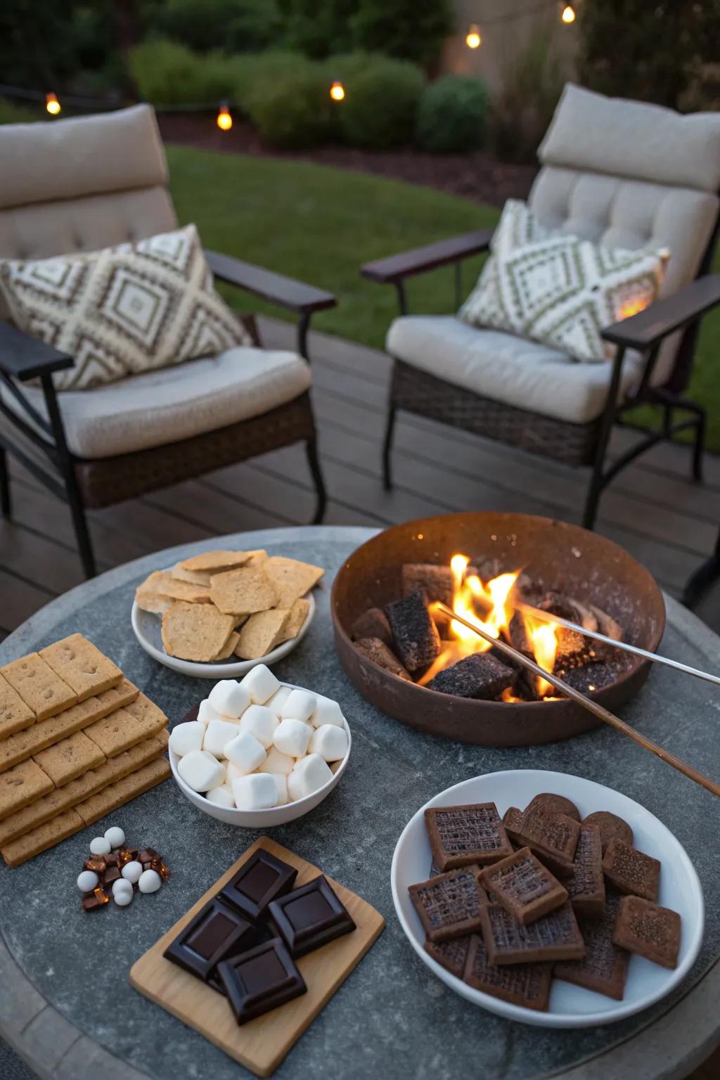 A comfortable outdoor setting featuring a fire pit and s'mores ingredients.