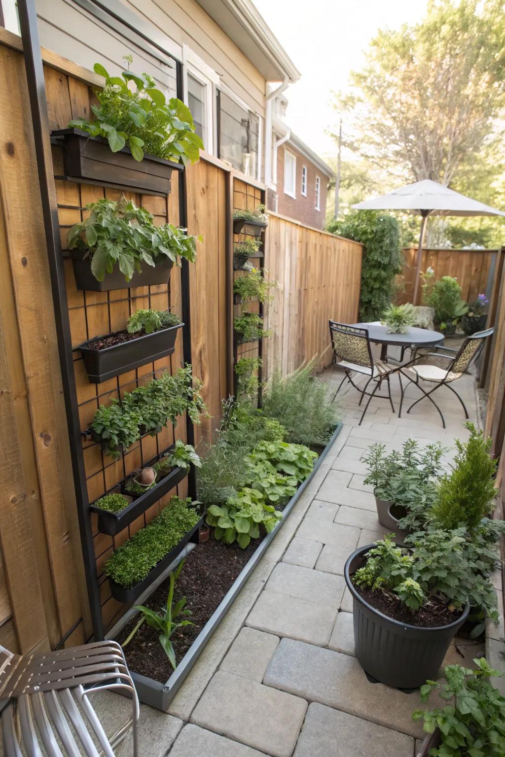 An upright garden maximizes space on a small patio.