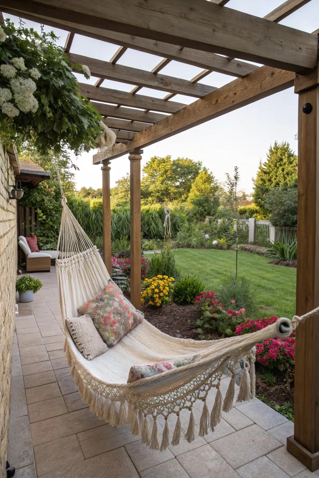 A pergola ready for a hammock offers a tranquil escape on a small patio.
