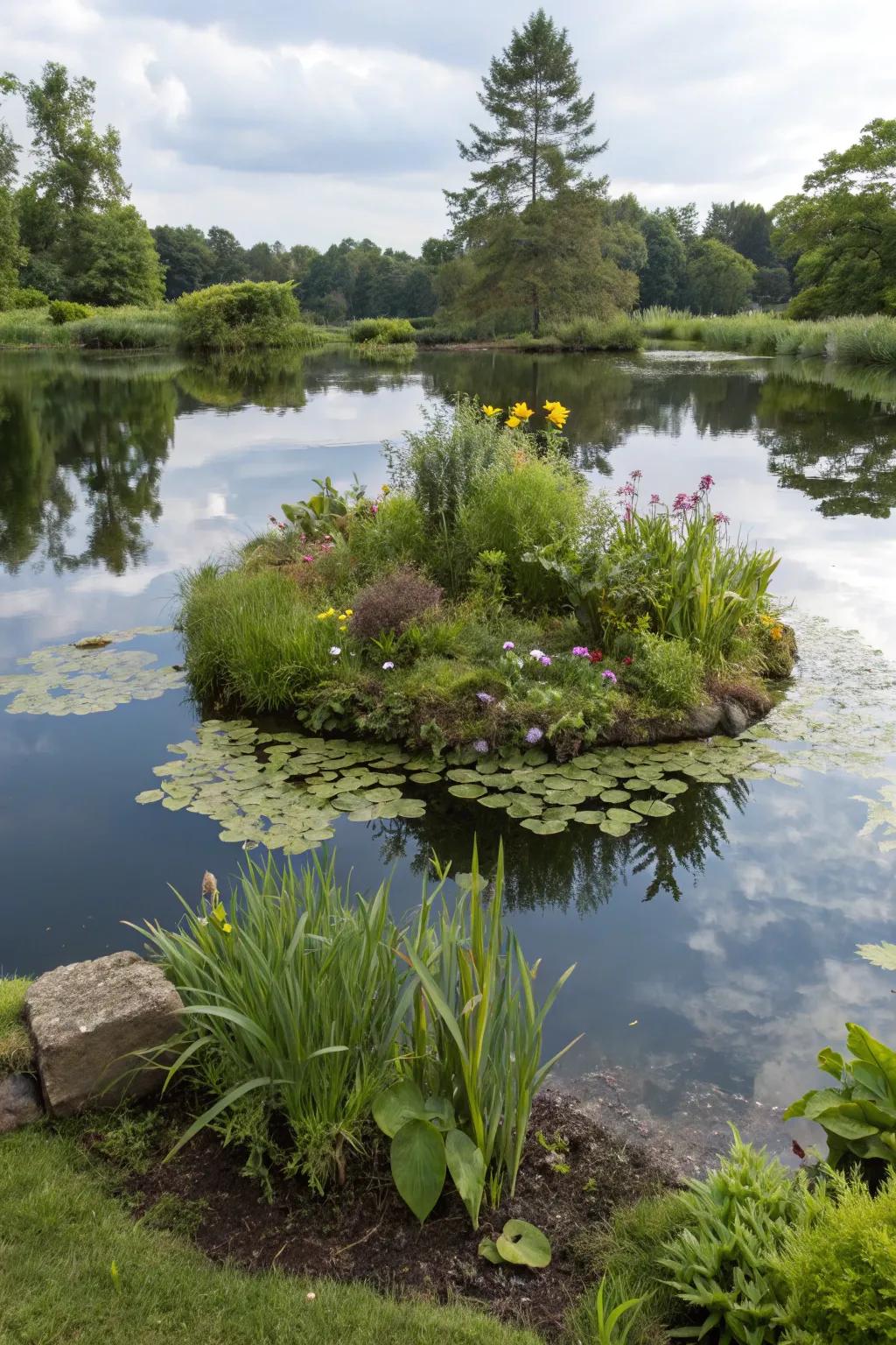 A drifting plant isle furnishes a vibrant and magical pond feature.