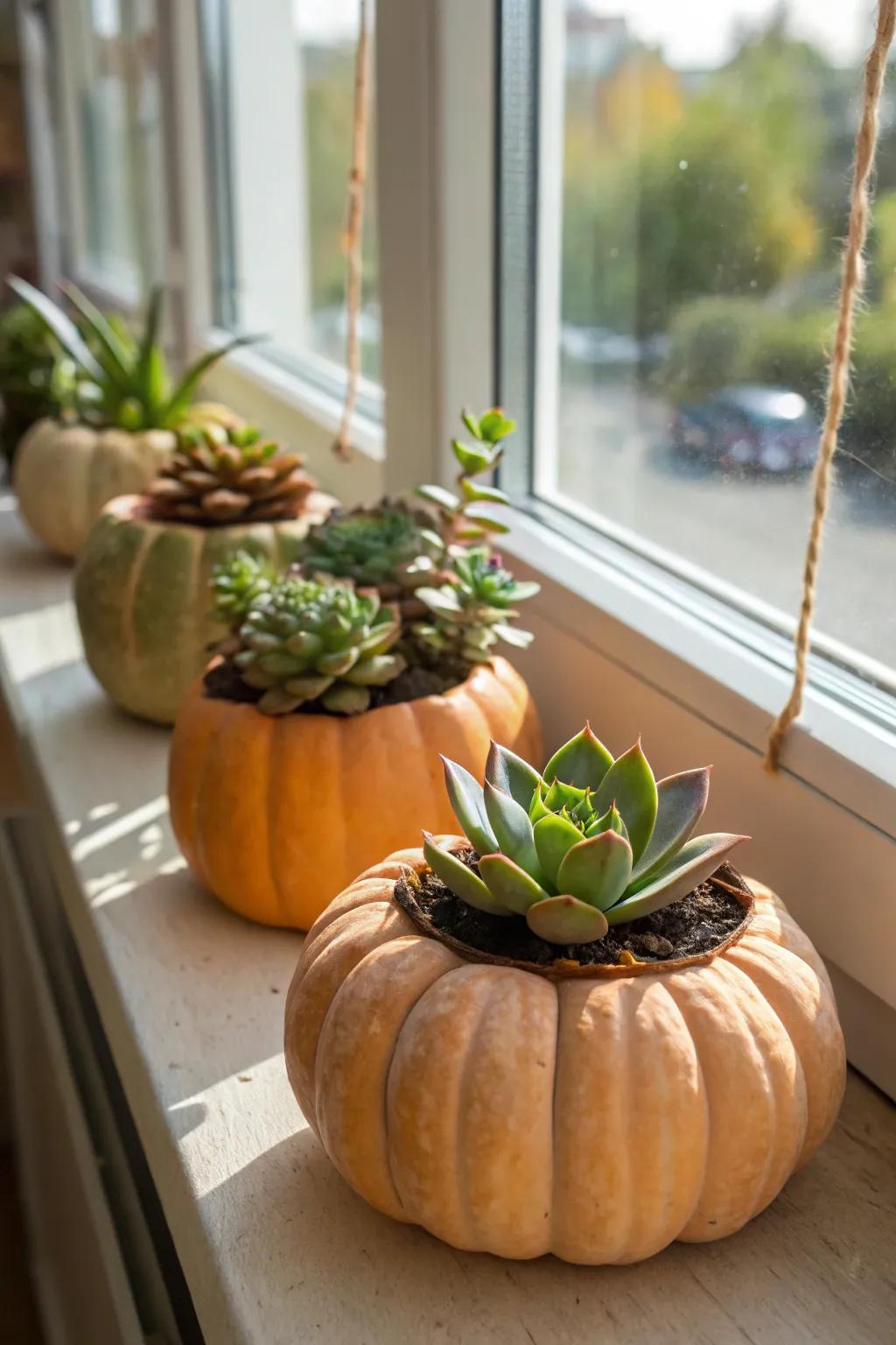 Succulent-rich pumpkins bring greenery to autumnal décor.