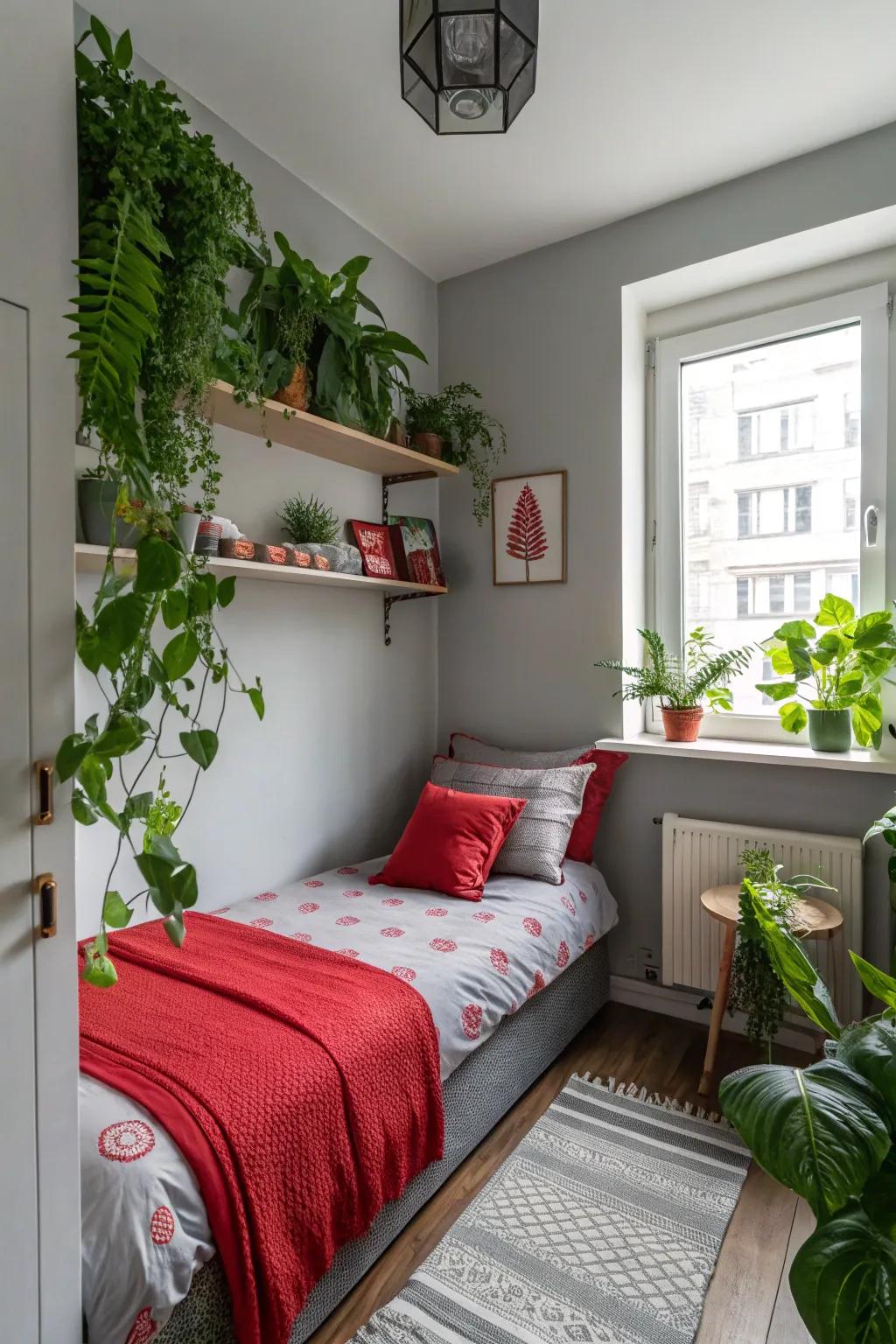 An intimate bedroom featuring natural components like verdant plants enriching the crimson and ash-grey d&eacute;cor.