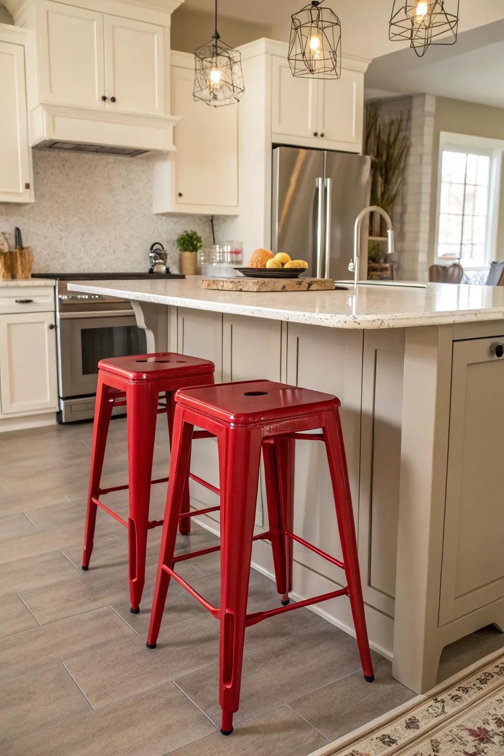 Fun red bar stools add color to a grey kitchen.