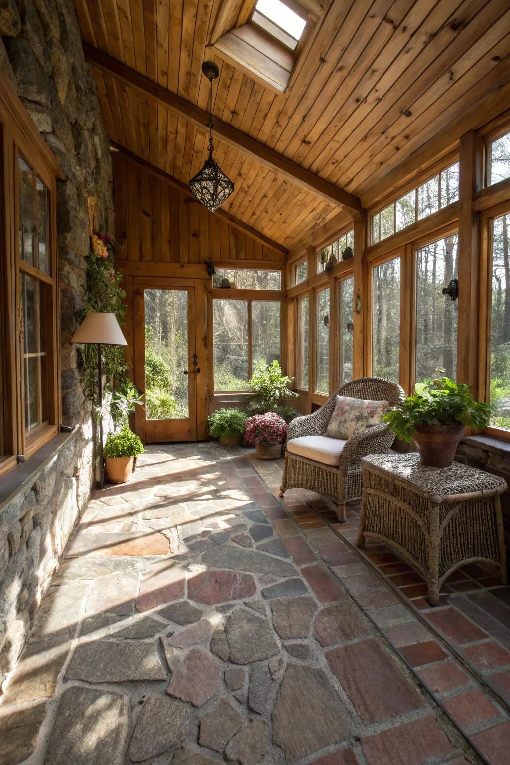Stone ground covering introduces an earthy vibe to this country-style sunroom.