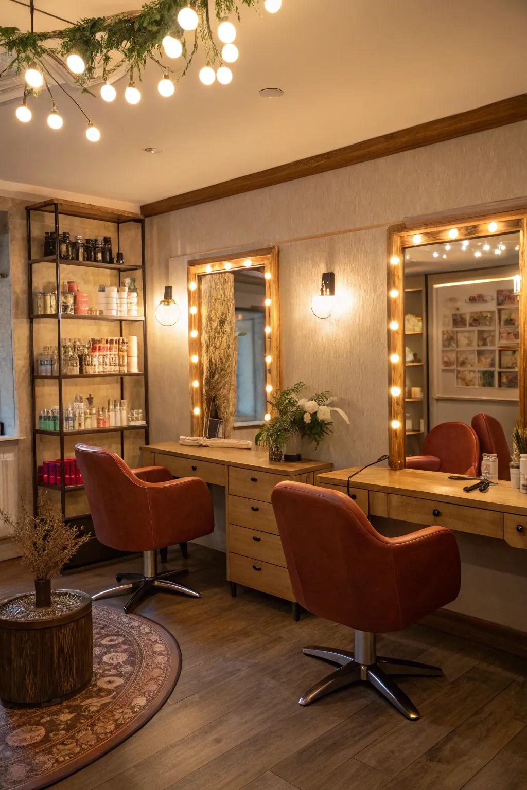 Accent illumination that introduces depth and luxury to the salon.
