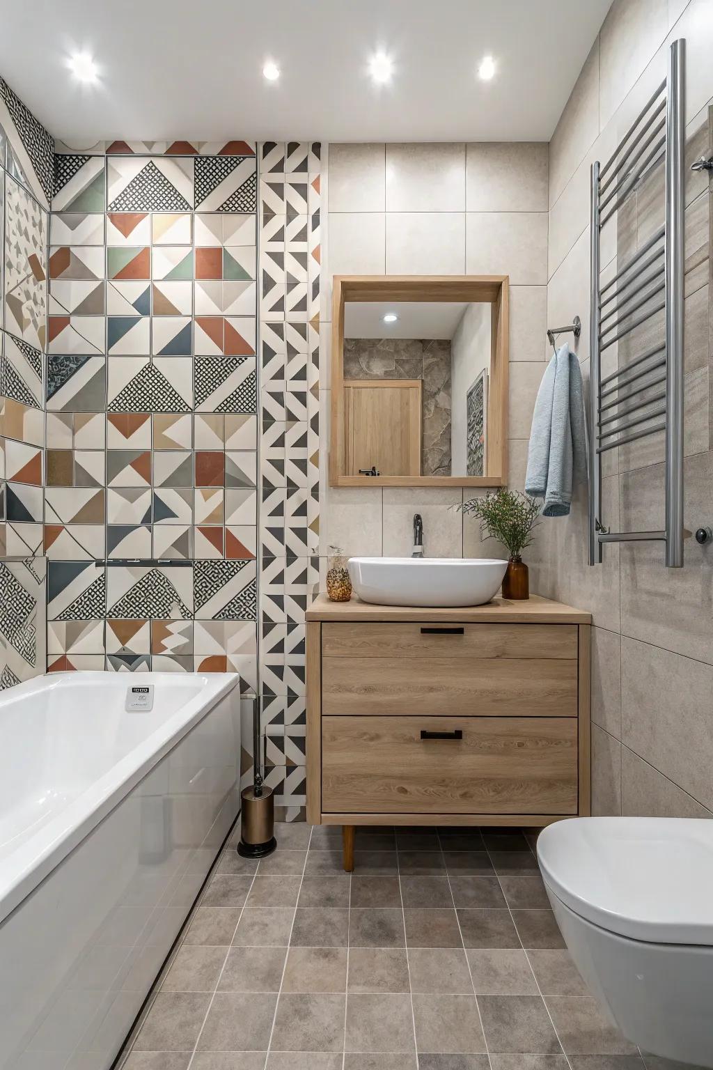 Geometric tiles enhance the bathroom with visual interest.