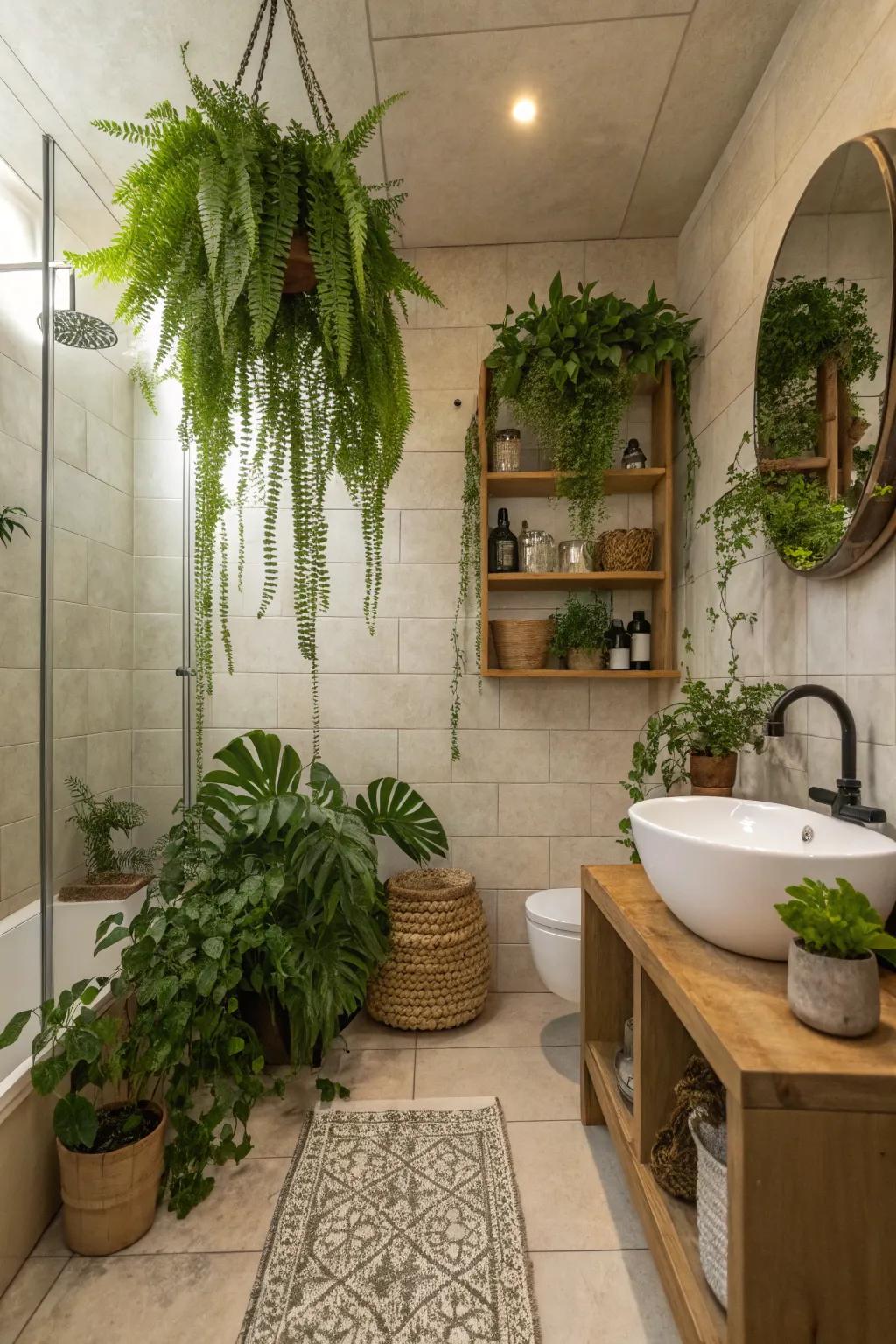 Vegetation and décor bring individuality to tiny shower rooms.