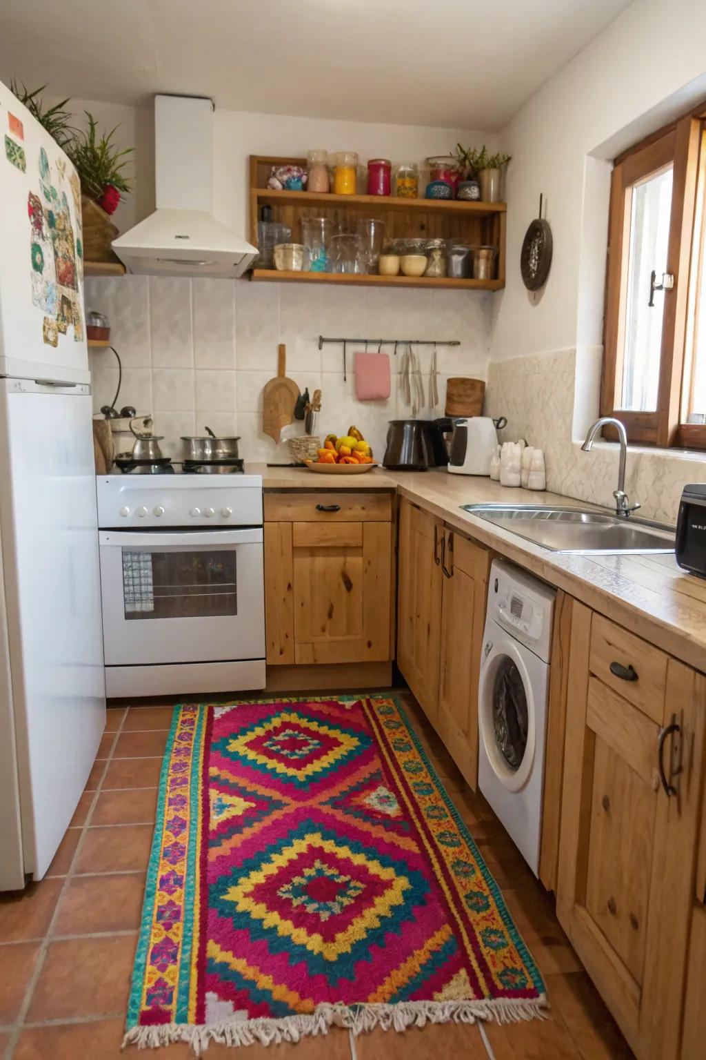 A vibrant rug adds comfort and style to a compact cooking area.