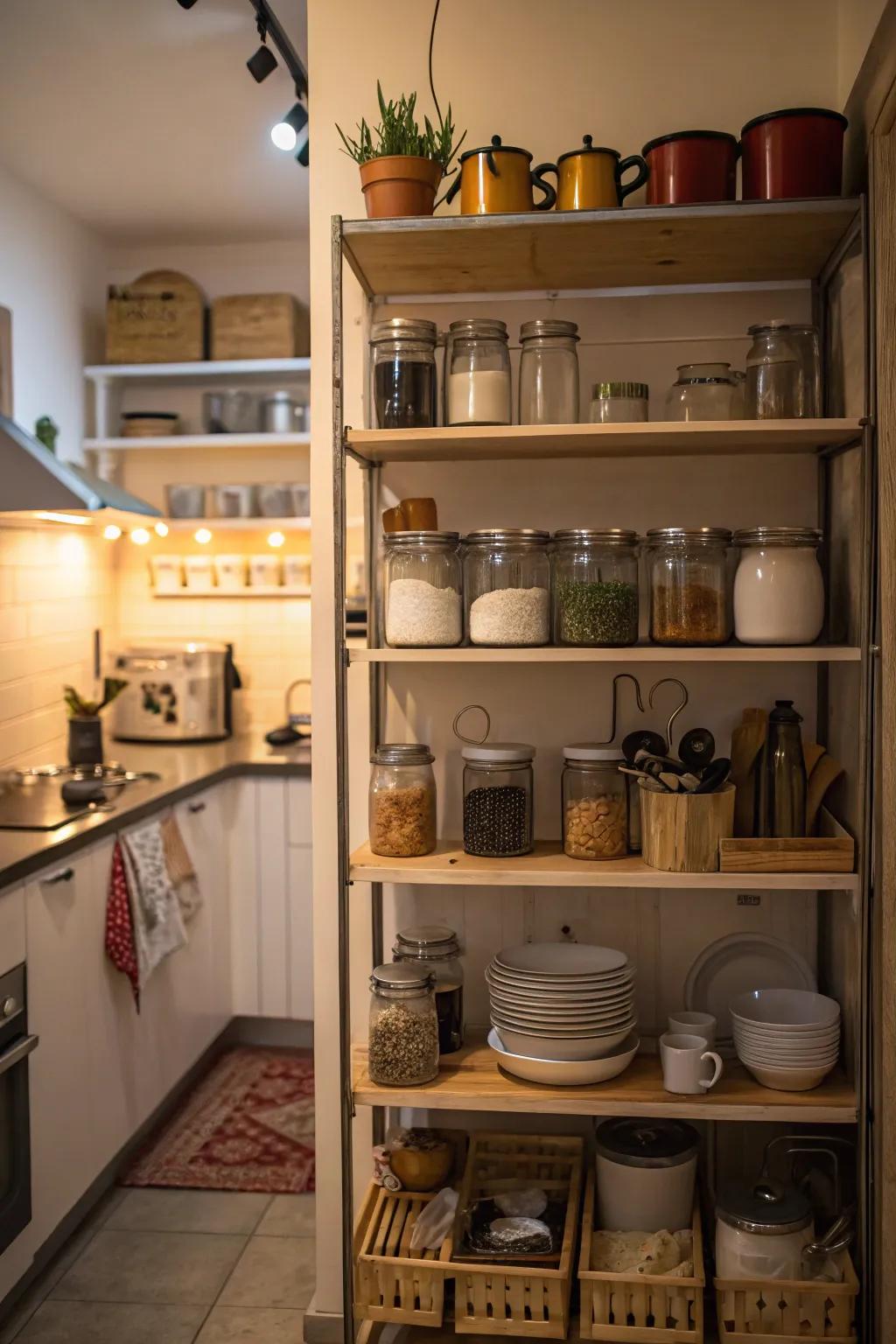 High shelving in a kitchen provides extra storage for jars and kitchenware.