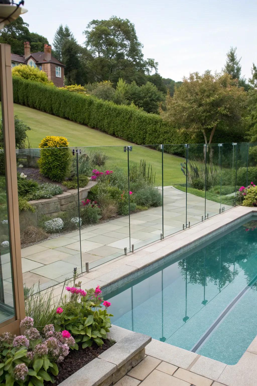 Glass guarding keeps openness near pools.