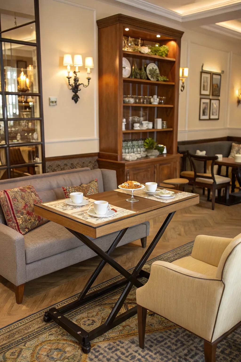 Flexible furniture changes to your needs in a small tea room.